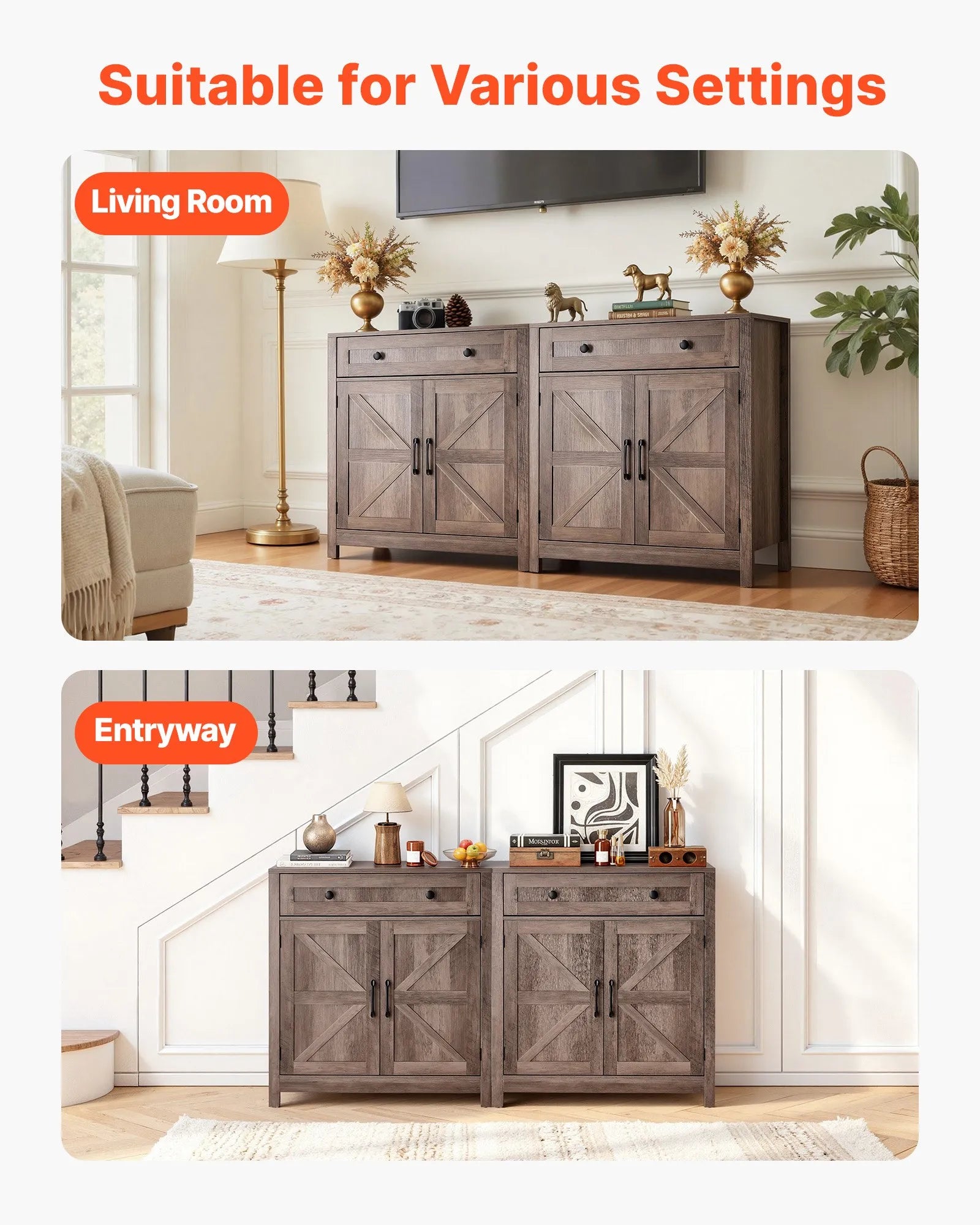 VEVOR Coffee Bar Cabinet with Drawer & Barn Doors – Farmhouse Buffet Storage Cabinet, Grey