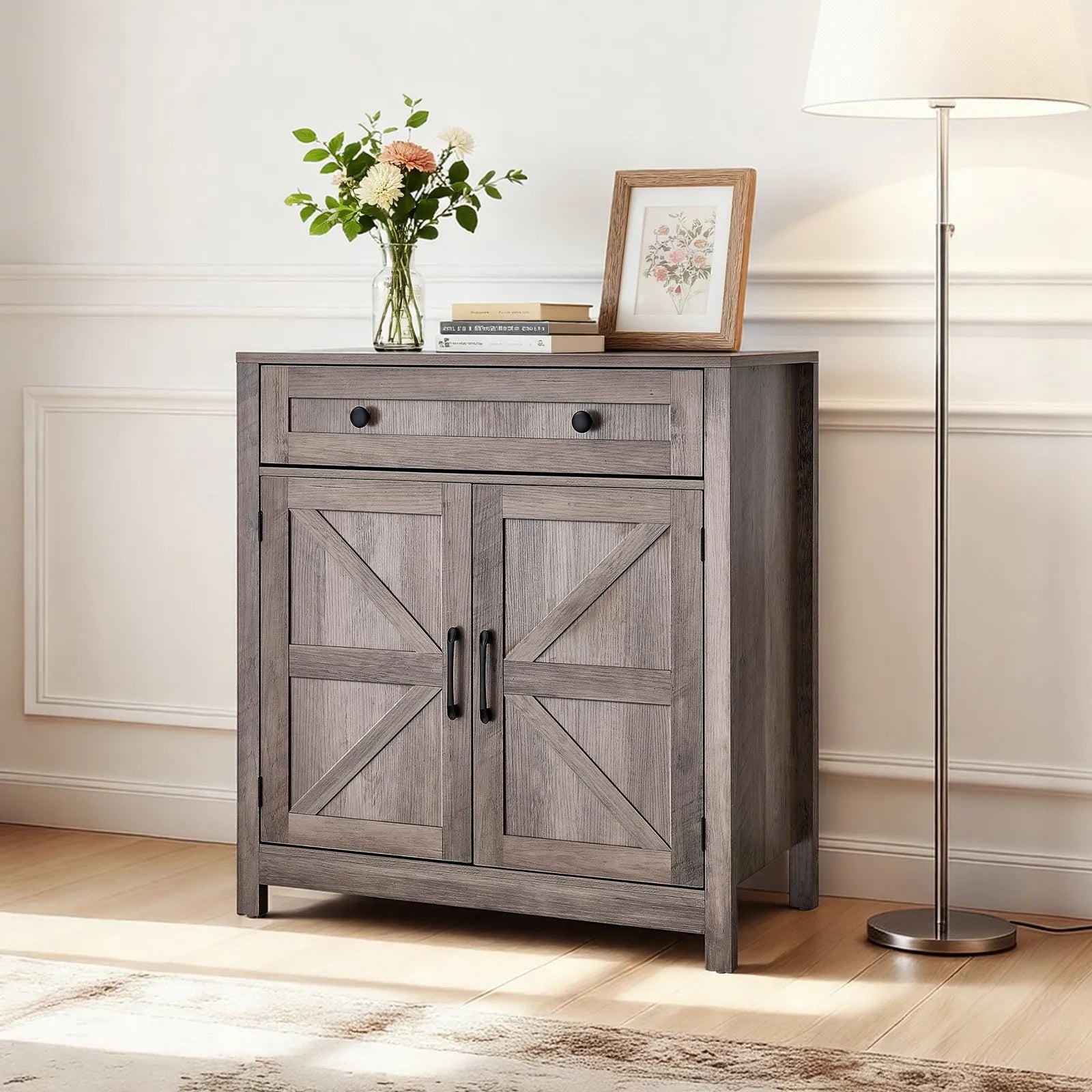 VEVOR Coffee Bar Cabinet with Drawer & Barn Doors – Farmhouse Buffet Storage Cabinet, Grey