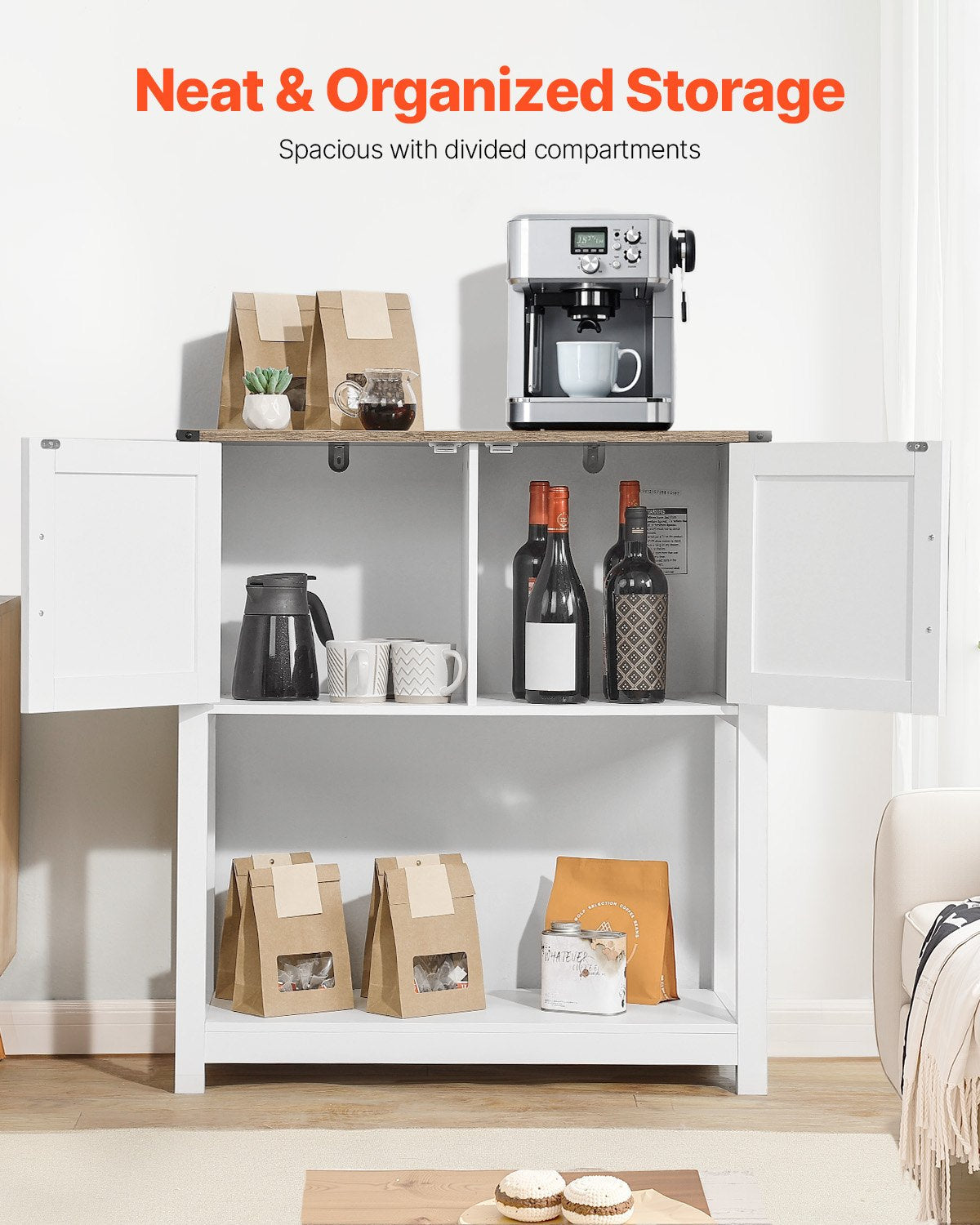 VEVOR Coffee Bar Cabinet 3-Tier Coffee Bar Table with Magnet Doors Brown White