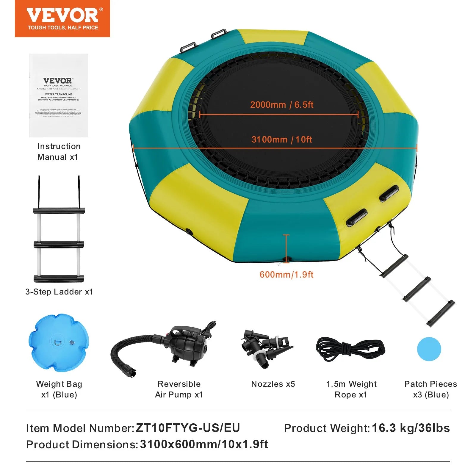 VEVOR Inflatable Water Bouncer, 10ft Recreational Water Trampoline, Portable Bounce Swim Platform with 3-Step Ladder & Electric Air Pump, Kids Adults Floating Rebounder for Pool, Lake, Water Sports