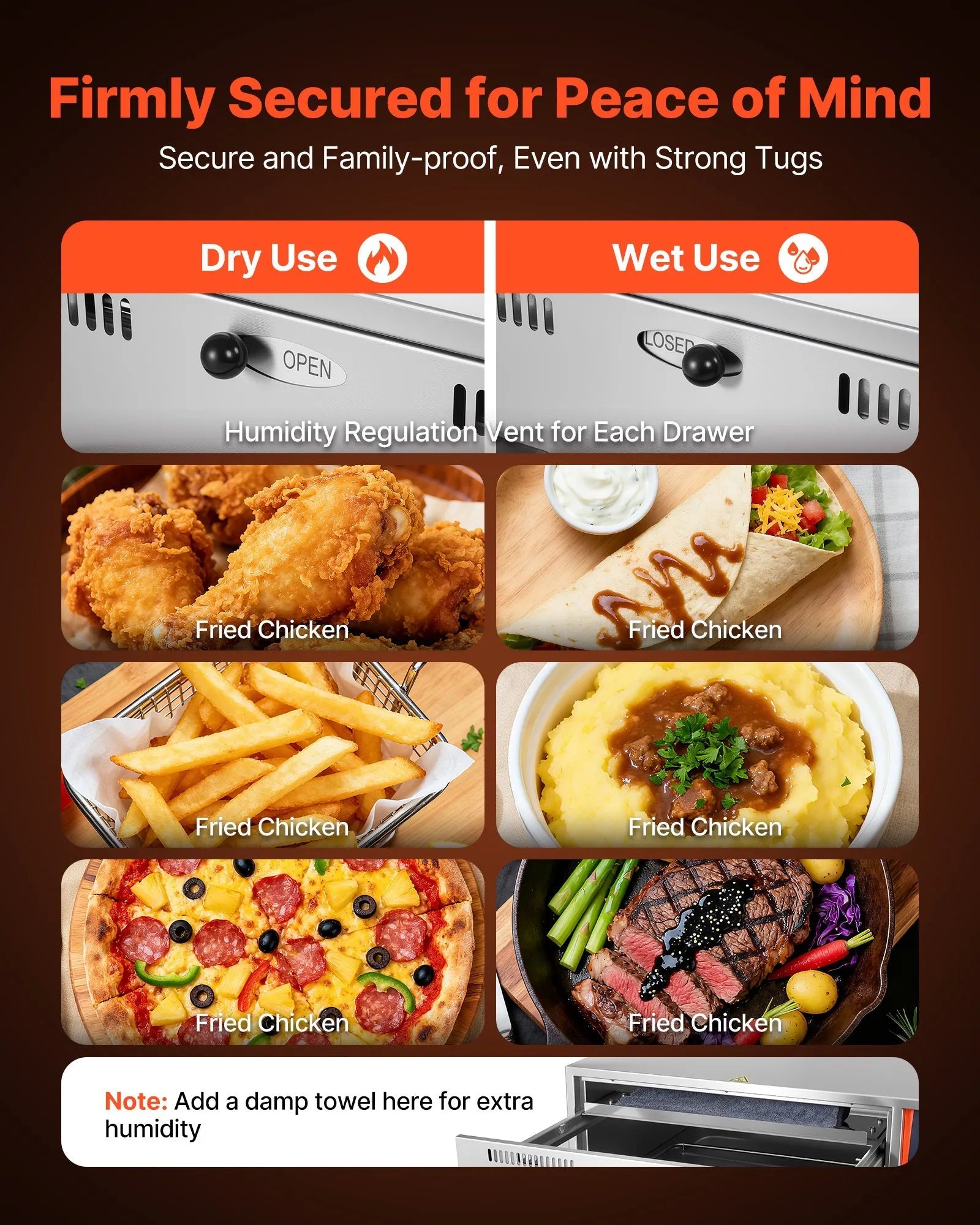 VEVOR Commercial Electric Drawer Warmer, Two-Drawer Stainless Steel Food Warmer, Freestanding Standard Warming Drawer Cabinet, 85°F–185°F Wide Temperature Range, for Restaurant, Hotel Buffet & Bakery