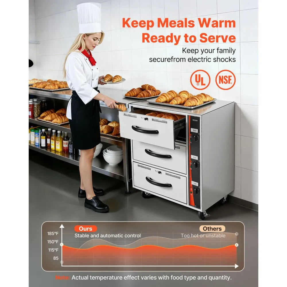 VEVOR Commercial Electric Drawer Warmer, Three-Drawer Stainless Steel Food Warmer, Freestanding Standard Warming Drawer Cabinet, 85°F–185°F Wide Temperature Range, for Restaurant, Hotel Buffet, Bakery