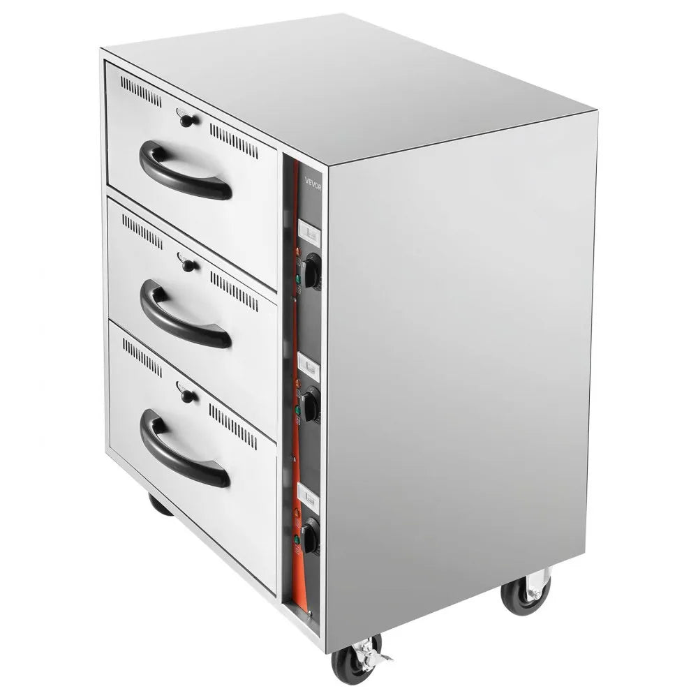 VEVOR Commercial Electric Drawer Warmer, Three-Drawer Stainless Steel Food Warmer, Freestanding Standard Warming Drawer Cabinet, 85°F–185°F Wide Temperature Range, for Restaurant, Hotel Buffet, Bakery