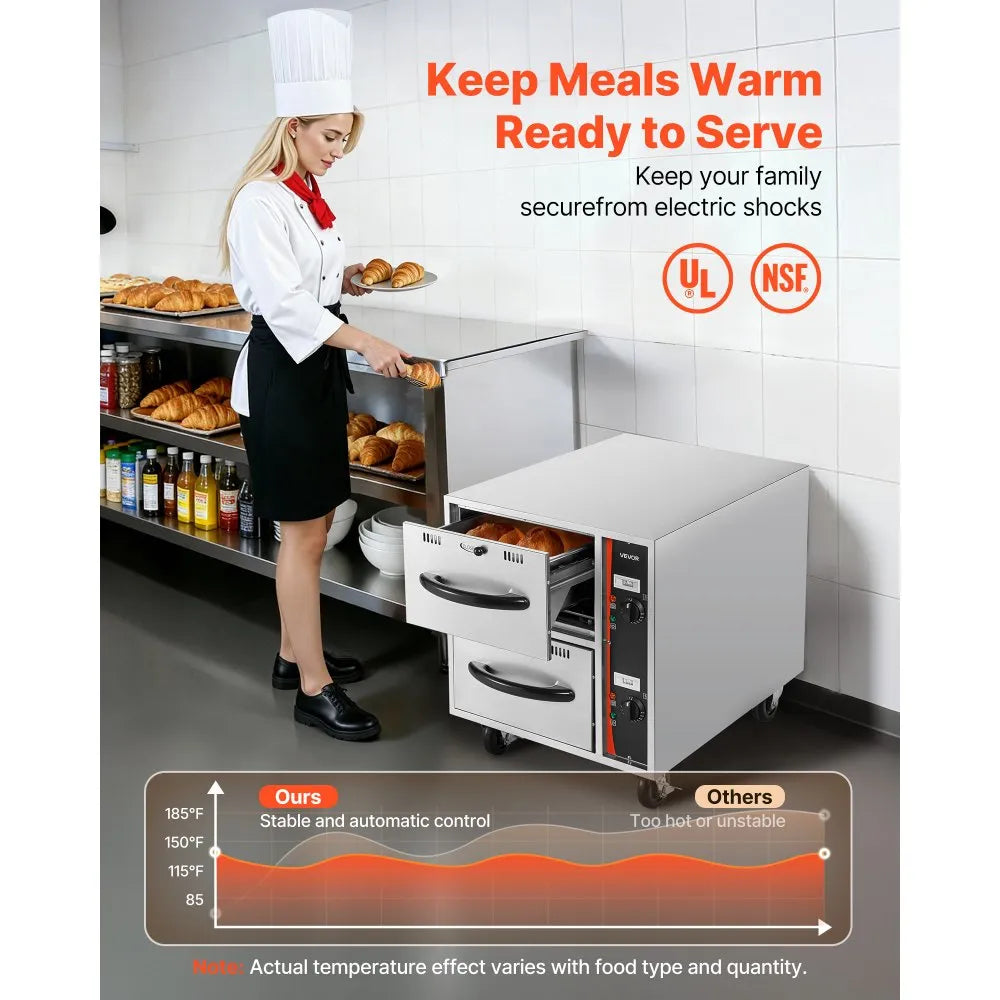 VEVOR Commercial Electric Drawer Warmer, 2 Full-Size Pan Stainless Steel Food Warmer, Freestanding Standard Warming Drawer Cabinet, 85°F–185°F Wide Temperature Range, for Restaurant, Hotel Buffet & Bakery