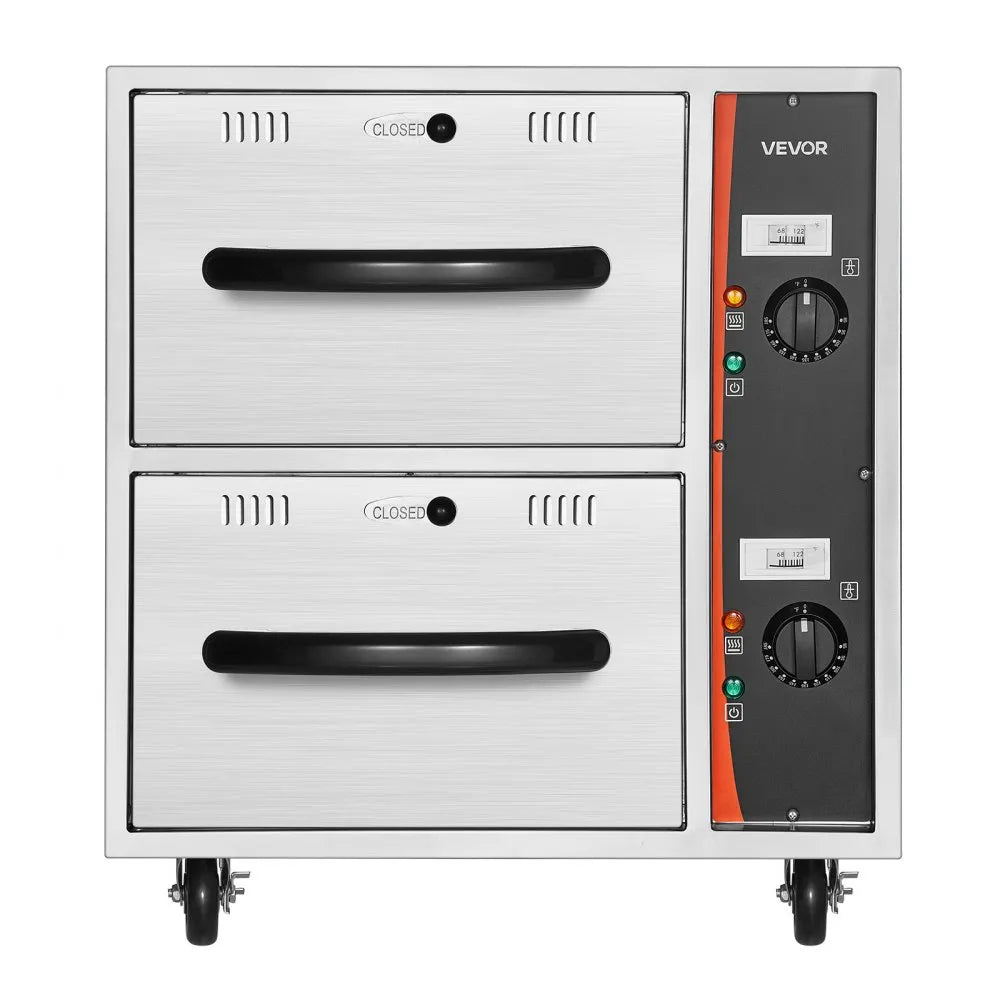 VEVOR Commercial Electric Drawer Warmer, 2 Full-Size Pan Stainless Steel Food Warmer, Freestanding Standard Warming Drawer Cabinet, 85°F–185°F Wide Temperature Range, for Restaurant, Hotel Buffet & Bakery