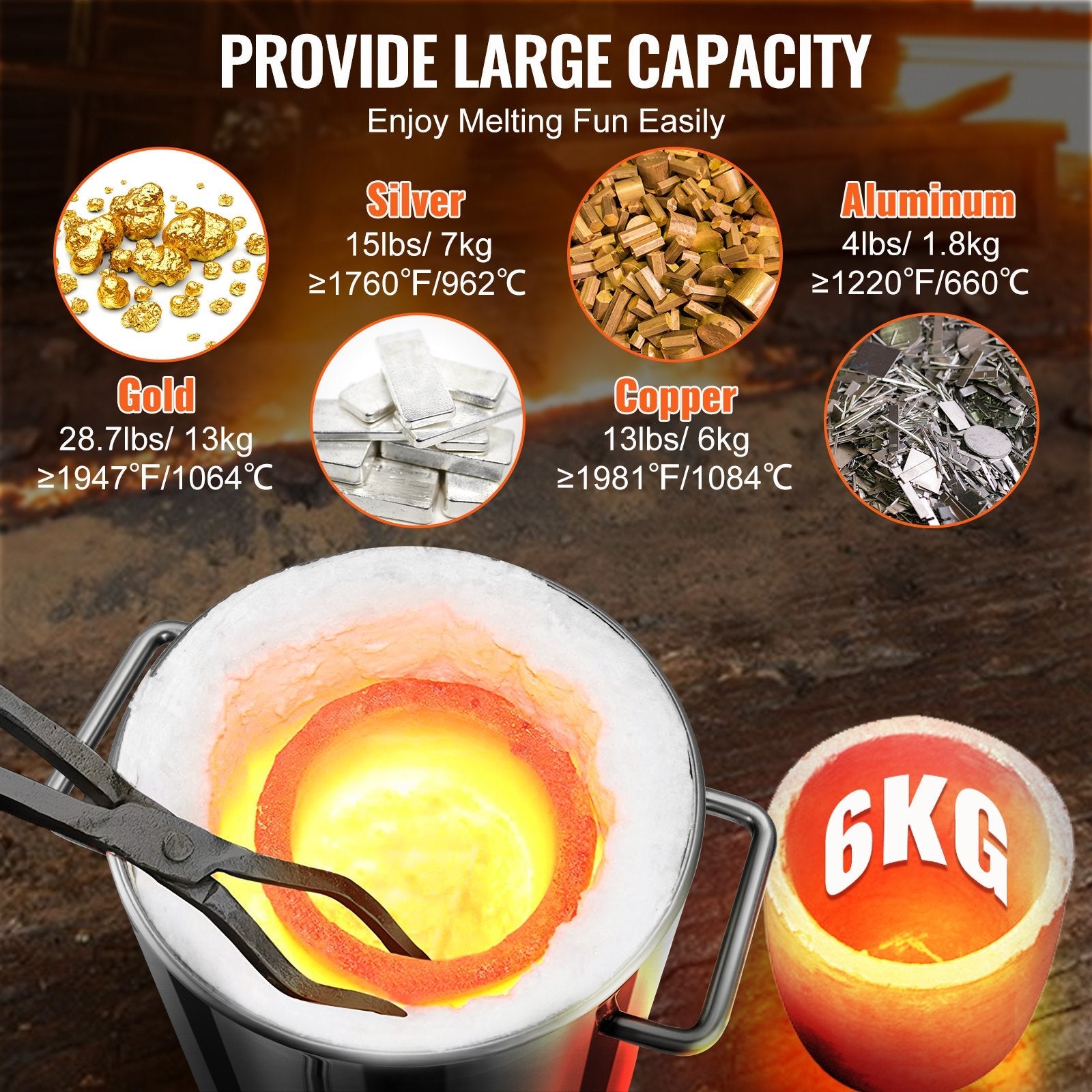 VEVOR Propane Melting Furnace Kit, 6KG Large Capacity Foundry Home Kilns, Blacksmithing Forge w/Crucible & Tongs Kiln, Stainless Steel Smelter, For Metal Scrap Recycle, Gold Copper Silver Casting