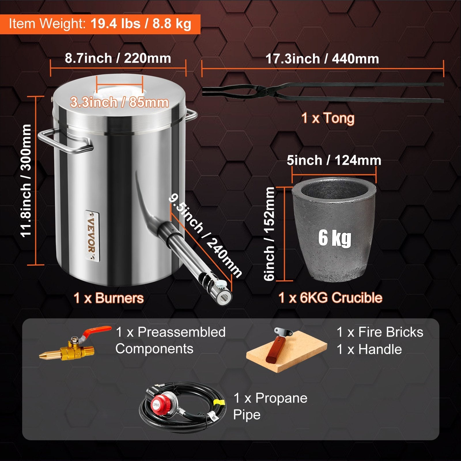 VEVOR Propane Melting Furnace Kit, 6KG Large Capacity Foundry Home Kilns, Blacksmithing Forge w/Crucible & Tongs Kiln, Stainless Steel Smelter, For Metal Scrap Recycle, Gold Copper Silver Casting