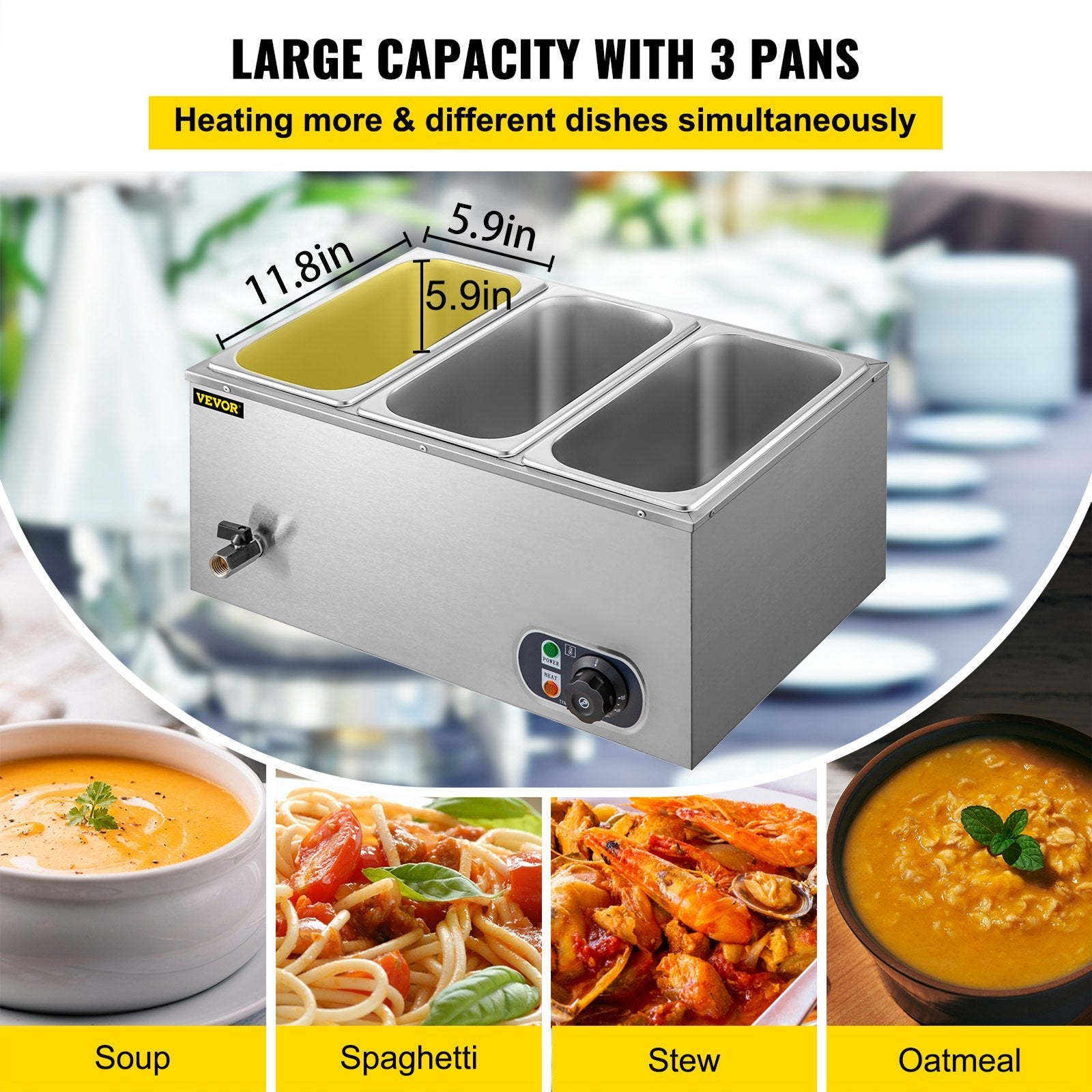 VEVOR 110V Commercial Food Warmer Electric Food Warmer 3-Pan with Tap Stainless Steel Bain Marie Buffet 850W Food Warmer Steam Table for Catering and Restaurants (3-Pan/850W)