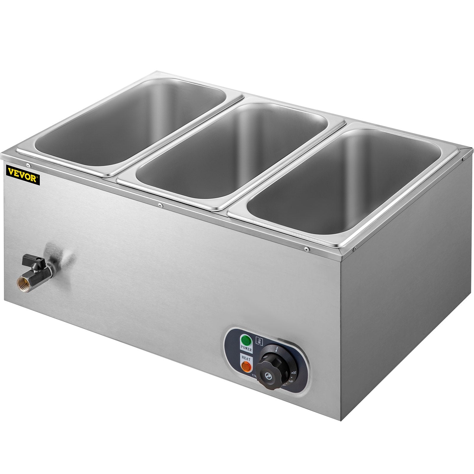 VEVOR 110V Commercial Food Warmer Electric Food Warmer 3-Pan with Tap Stainless Steel Bain Marie Buffet 850W Food Warmer Steam Table for Catering and Restaurants (3-Pan/850W)
