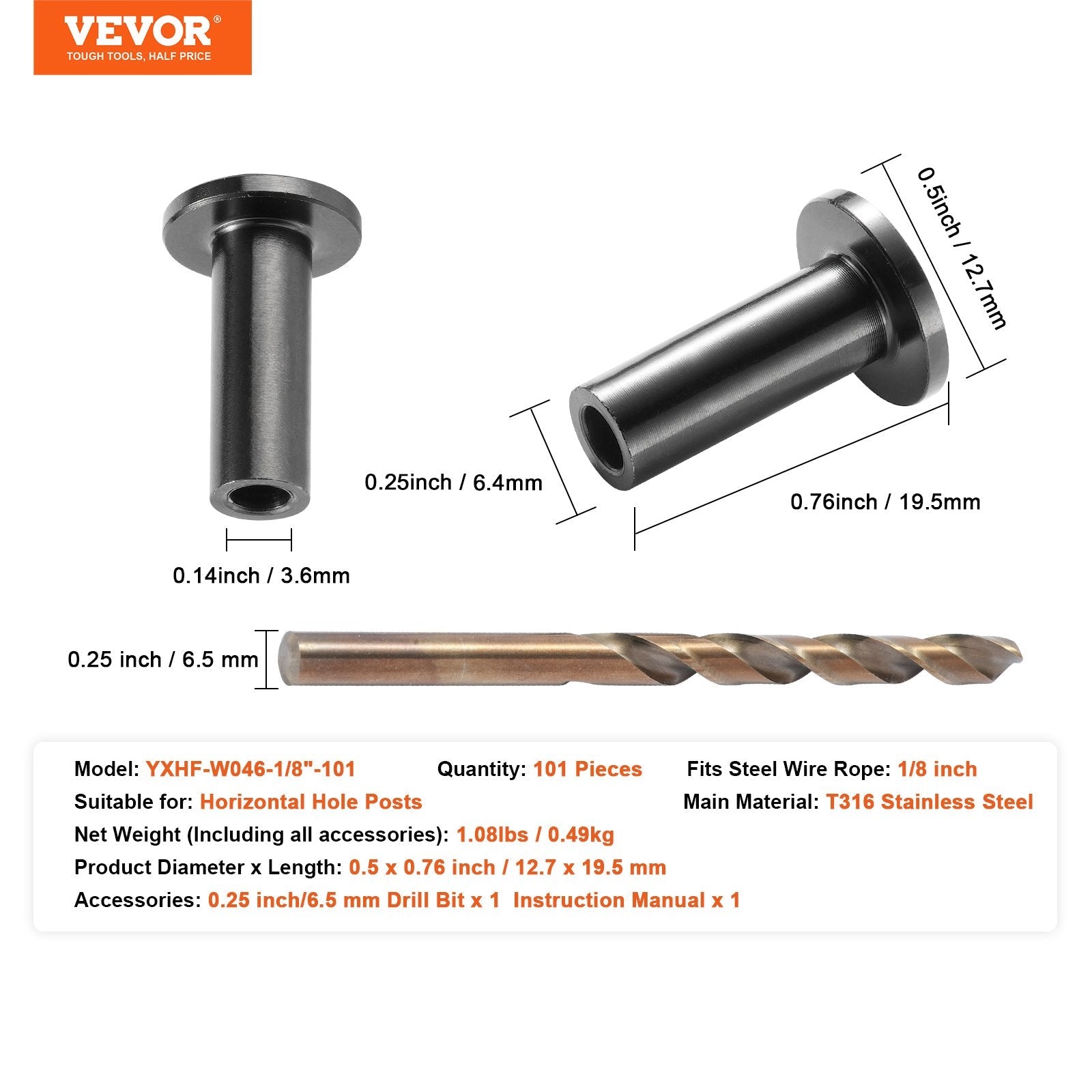 VEVOR 101 Pack T316 Stainless Steel Protector Sleeves for 1/8" Wire Rope Cable Railing, DIY Balustrade T316 Marine Grade, Come with A Free Drill Bit, Black