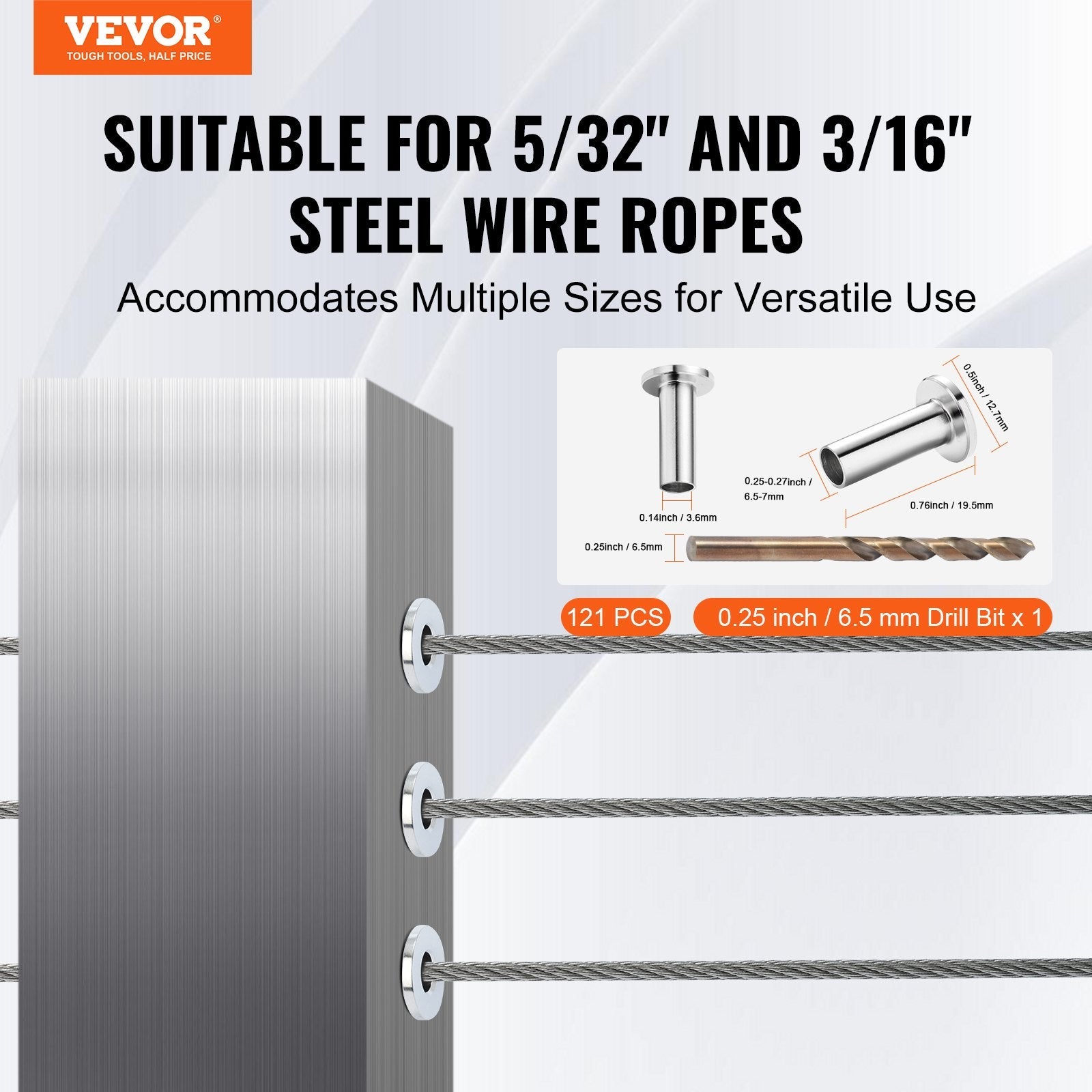 VEVOR 121 Pack T316 Stainless Steel Protector Sleeves for 5/32" 3/16" Wire Rope Cable Railing, DIY Balustrade T316 Marine Grade, Come with A Free Drill Bit, Silver