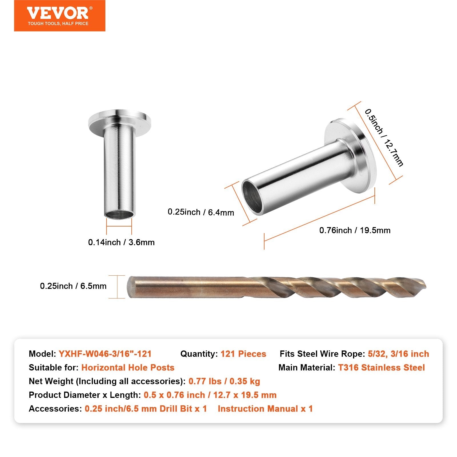 VEVOR 121 Pack T316 Stainless Steel Protector Sleeves for 5/32" 3/16" Wire Rope Cable Railing, DIY Balustrade T316 Marine Grade, Come with A Free Drill Bit, Silver
