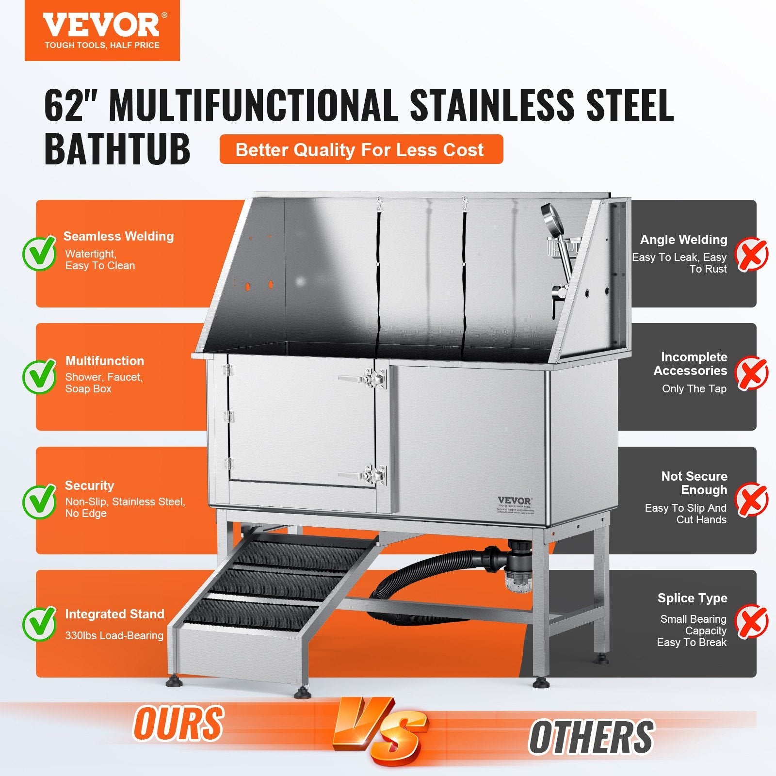 VEVOR 62" Pet Dog Bathing Station w/Ramp, Professional Stainless Steel Dog Grooming Tub w/ Soap Box, Faucet,Rich Accessory,Bathtub for Large,Medium,Small Pet, Washing Sink for Home(Left)