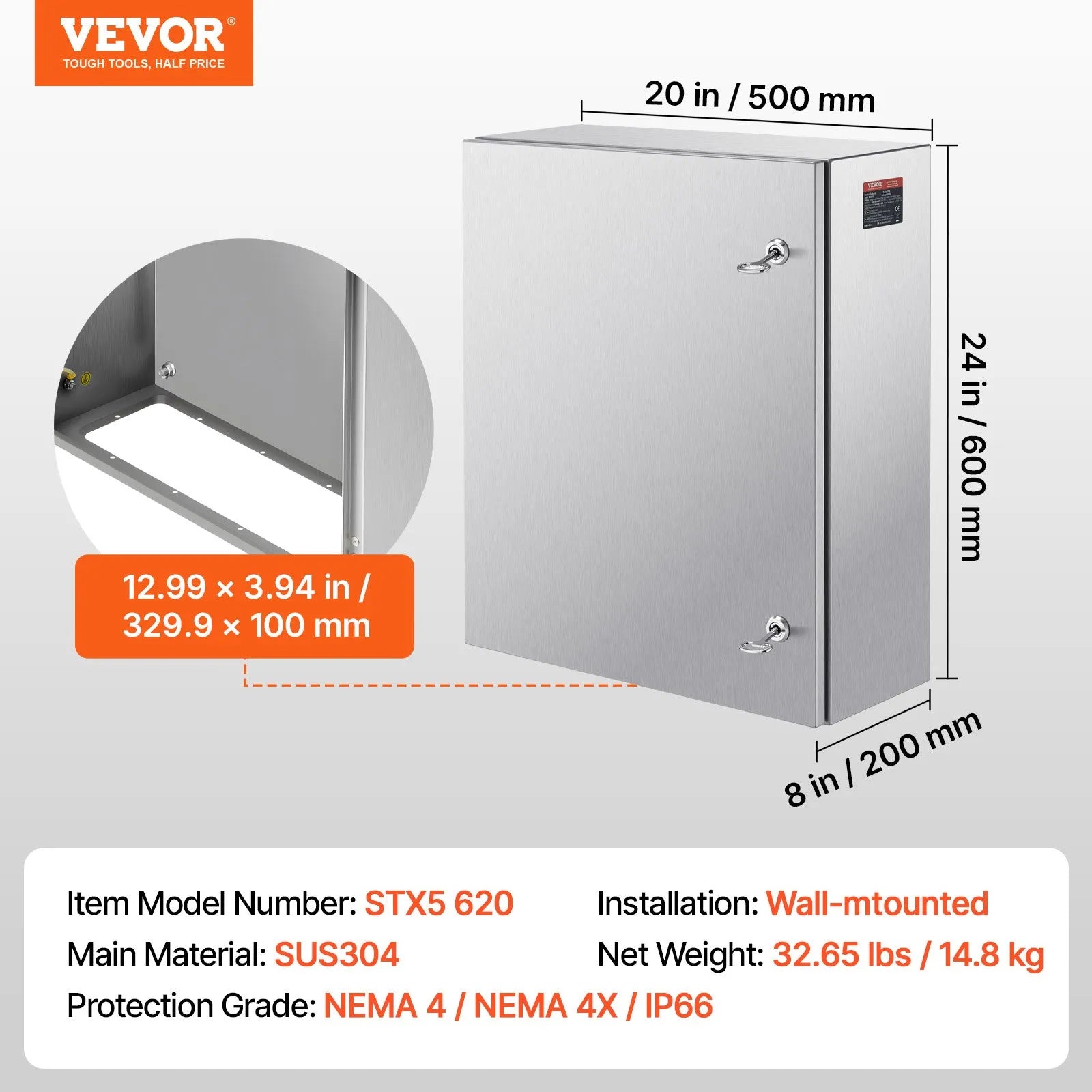 VEVOR Steel Electrical Box, 24"x 20"x 8", 304 Stainless Steel Electrical Enclosure Box, Wall-Mounted Outdoor Electrical Electronic Equipment Enclosure with Mounting Plate Hinges Lock, IP66 Waterproof