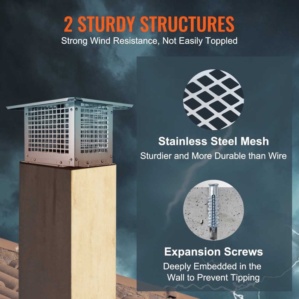 VEVOR Chimney Cap, 17 x 17 inch, 304 Stainless Steel Fireplace Chimney Cover, Not Easily Toppled & Practical Accessories & Easy Installation, Fits Mesh Flue Covers Outside Clay Flue Shingles, Silver