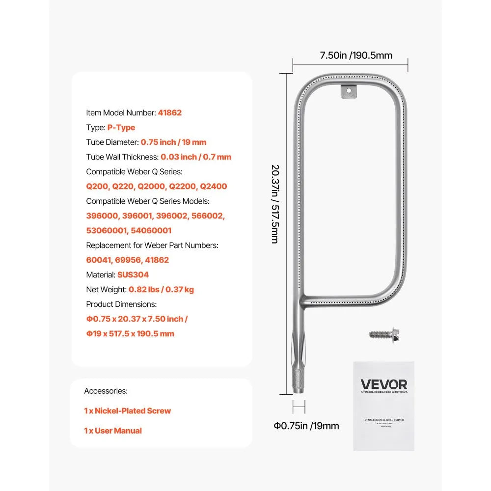 VEVOR Grill Burner Tube for Weber Q200, Q220, Q2000, Q2200, Q2400, 20.5 inch 304 Stainless Steel Tube Burner for Weber 396000, 396001, 396002, 566002, 53060001, Replacement Part 60041, 69956, 41862