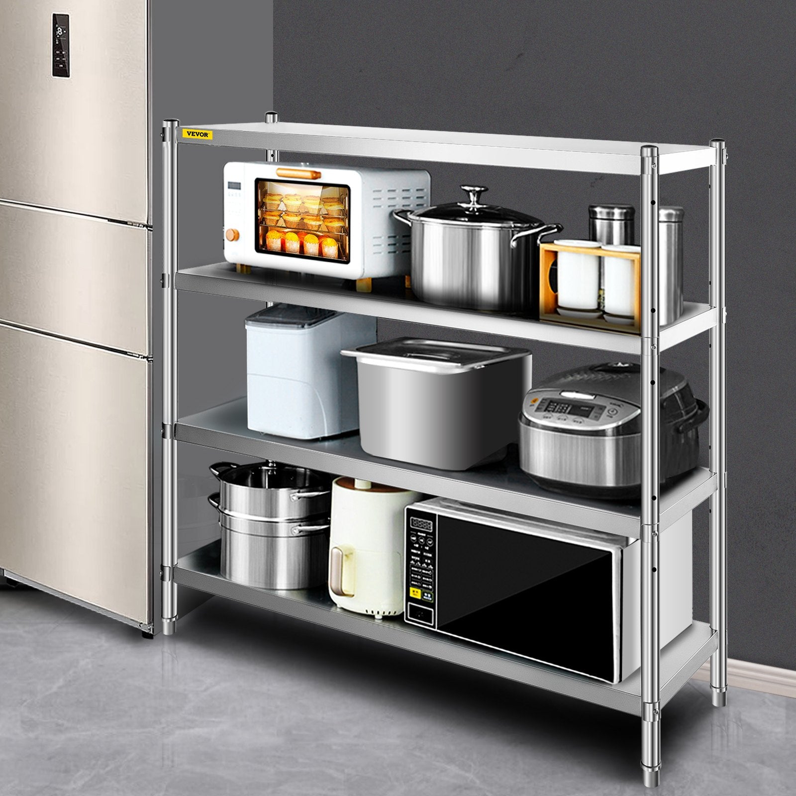 VEVOR Stainless Steel Shelving 60x18.5 Inch 4 Tier Adjustable Shelf Storage Unit Stainless Steel Heavy Duty Shelving for Kitchen Commercial Office Garage Storage 330lb Per Shelf