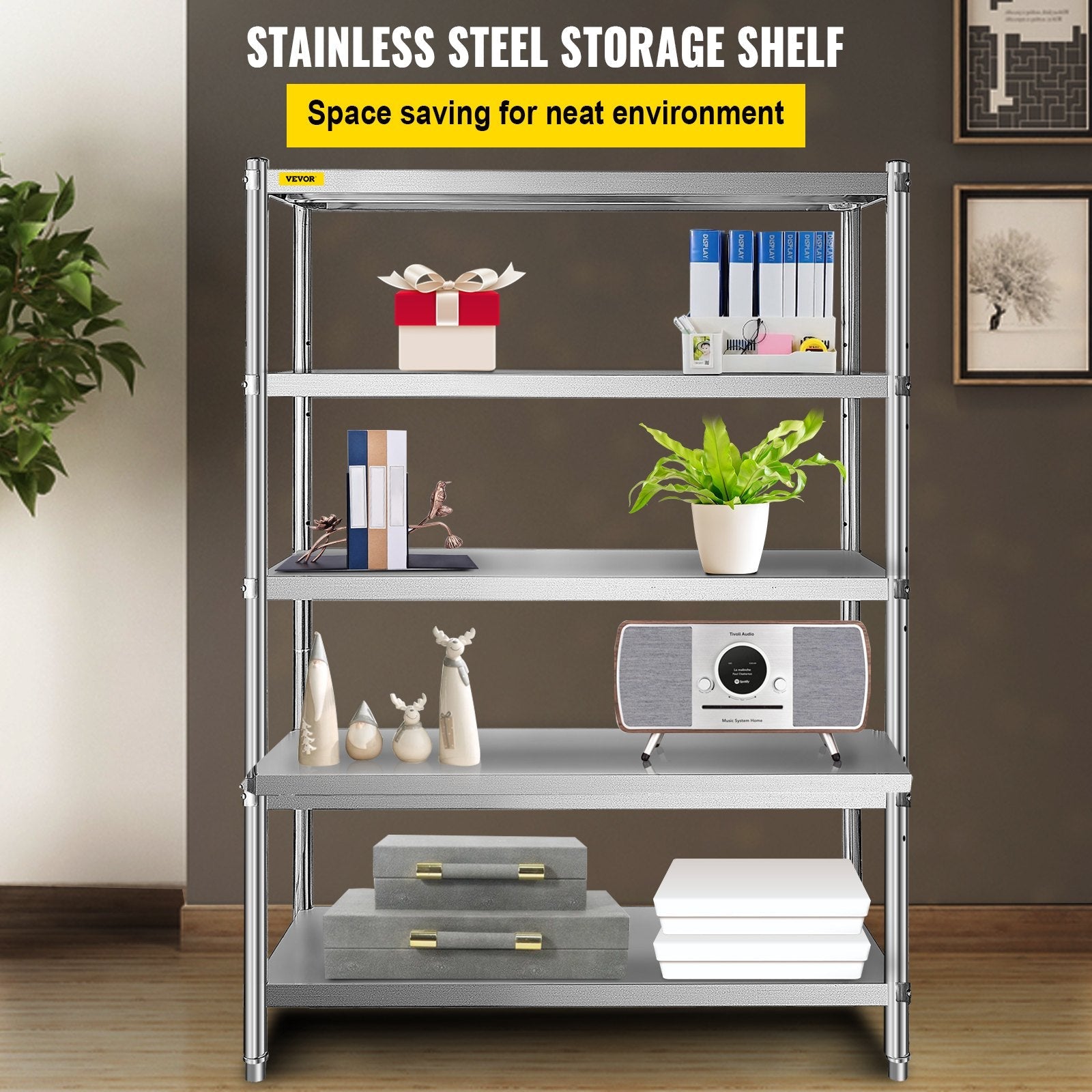 VEVOR Stainless Steel Shelving 48x18.5 Inch 5 Tier Adjustable Shelf Storage Unit Stainless Steel Heavy Duty Shelving for Kitchen Commercial Office Garage Storage 330lb Per Shelf