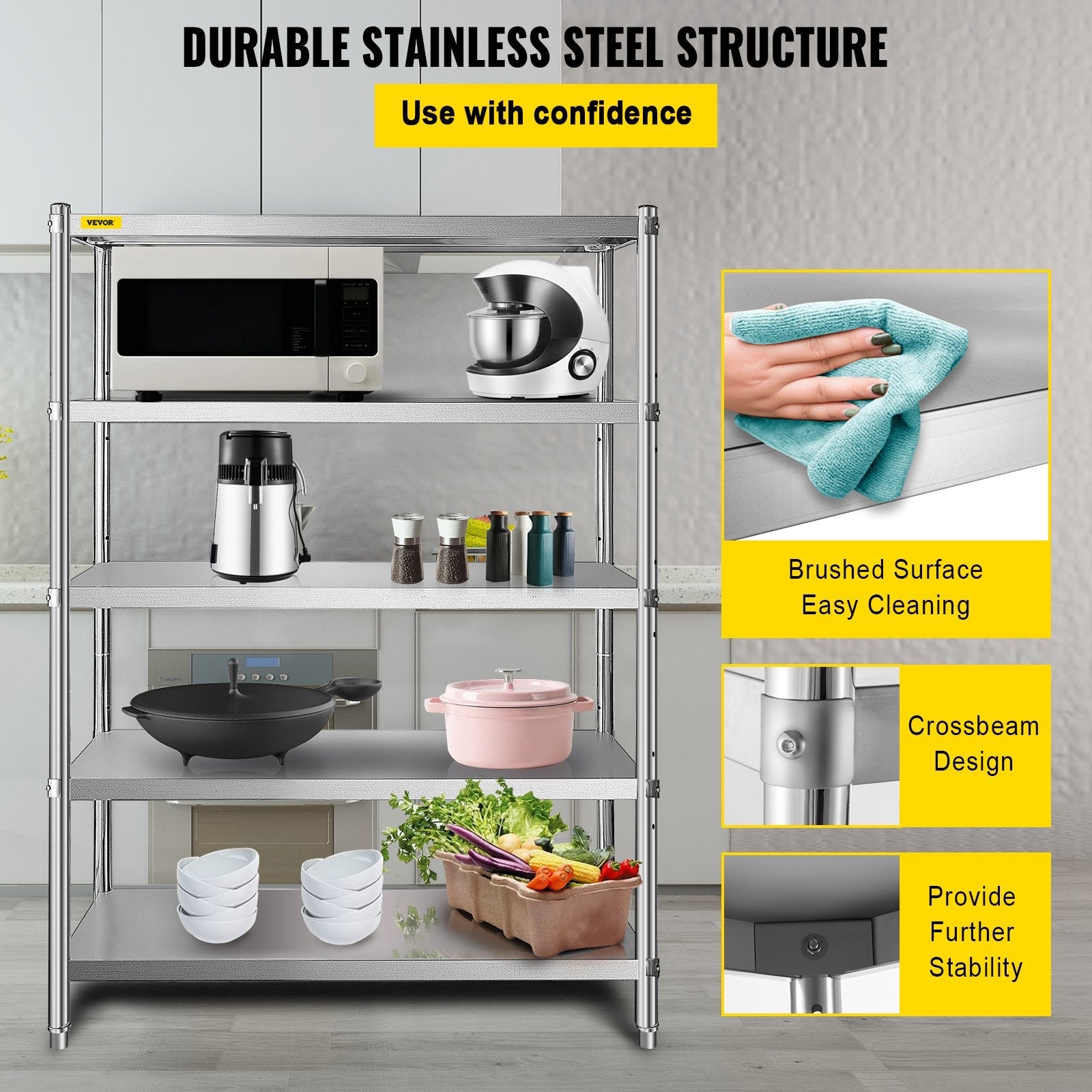 VEVOR Stainless Steel Shelving 48x18.5 Inch 5 Tier Adjustable Shelf Storage Unit Stainless Steel Heavy Duty Shelving for Kitchen Commercial Office Garage Storage 330lb Per Shelf