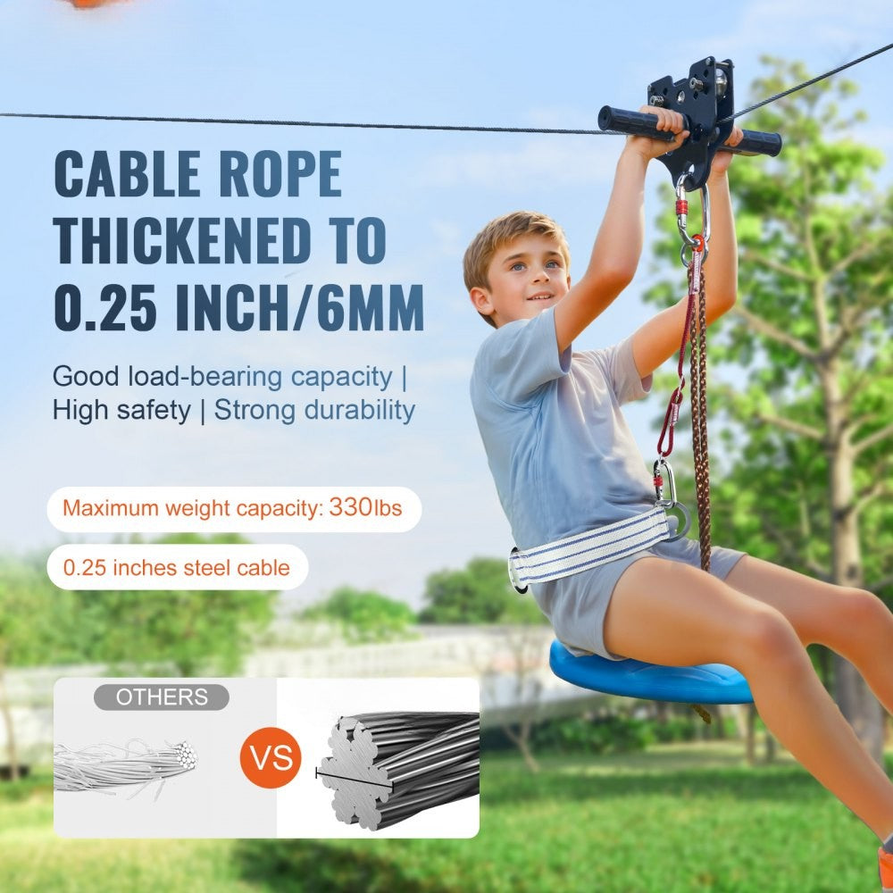 EVOR Zipline Kit for Kids and Adult, 100 ft Zip Line Kits Up to 500 lb, Backyard Outdoor Quick Setup Zipline, Playground Entertainment with Stainless Steel Zipline, Spring Brake, Safety Harness, Seat