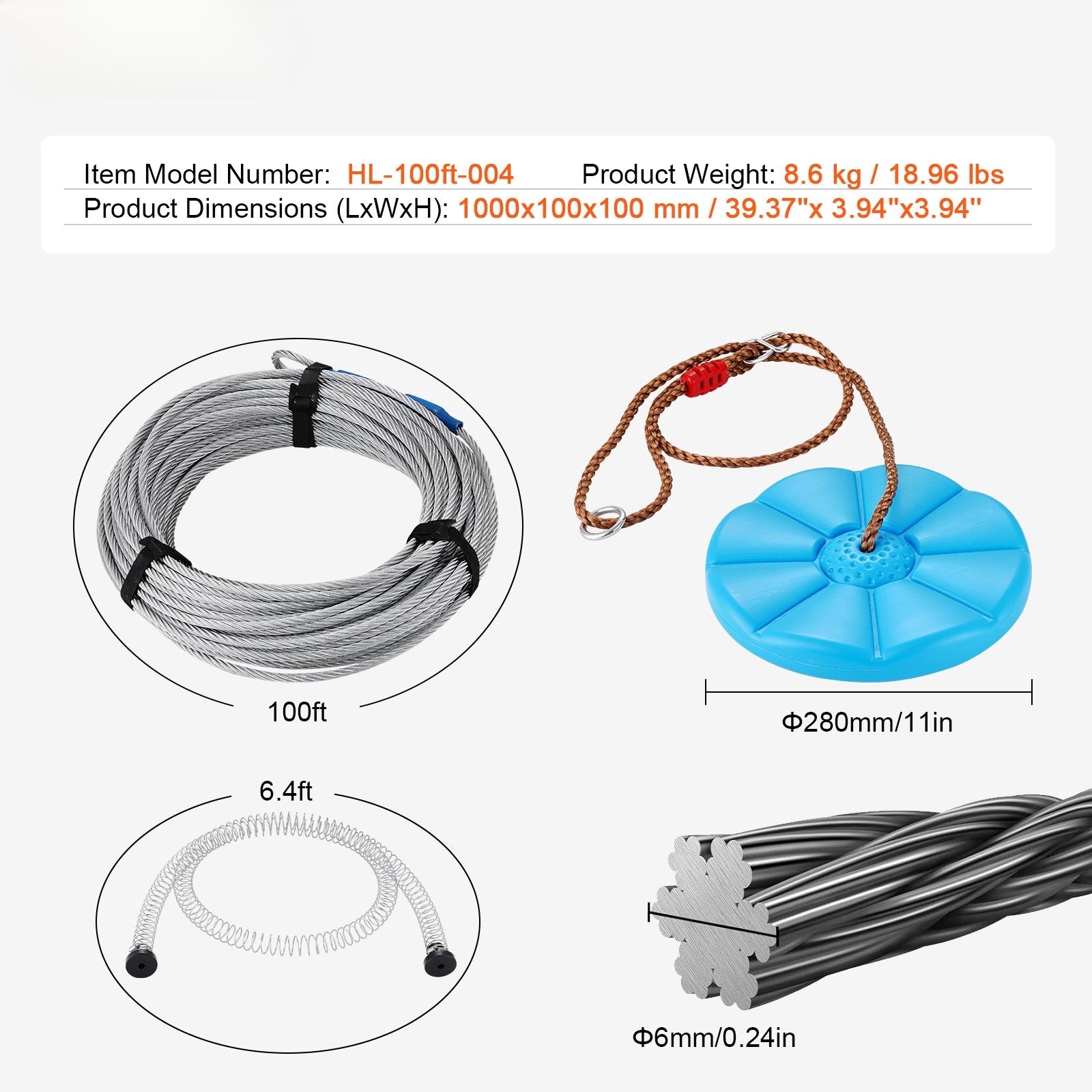 EVOR Zipline Kit for Kids and Adult, 100 ft Zip Line Kits Up to 500 lb, Backyard Outdoor Quick Setup Zipline, Playground Entertainment with Stainless Steel Zipline, Spring Brake, Safety Harness, Seat