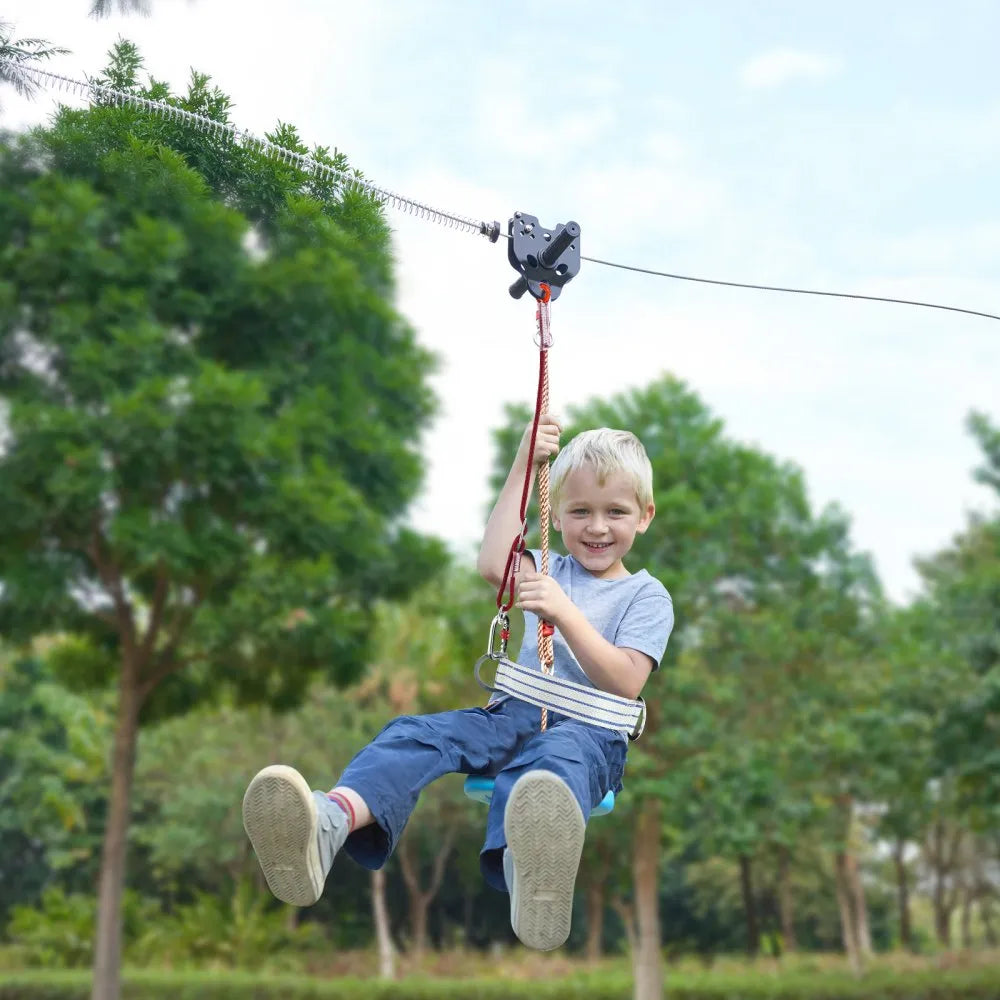 VEVOR Zipline Kit for Kids and Adult, 160 ft Zip Line Kits Up to 330 lb, Backyard Outdoor Quick Setup Zipline, Playground Entertainment with Stainless Steel Zipline, Spring Brake, Safety Harness, Seat