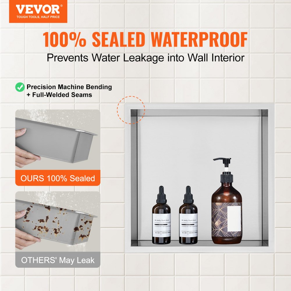 VEVOR 13"x13" No Tile Shower Niche 304 Stainless Steel, Wall-Inserted Niche Recessed Double Shelves, Sealed Waterproof Rust-Resistant Modern Niche for Shower Bathroom Soap Storage, Silver