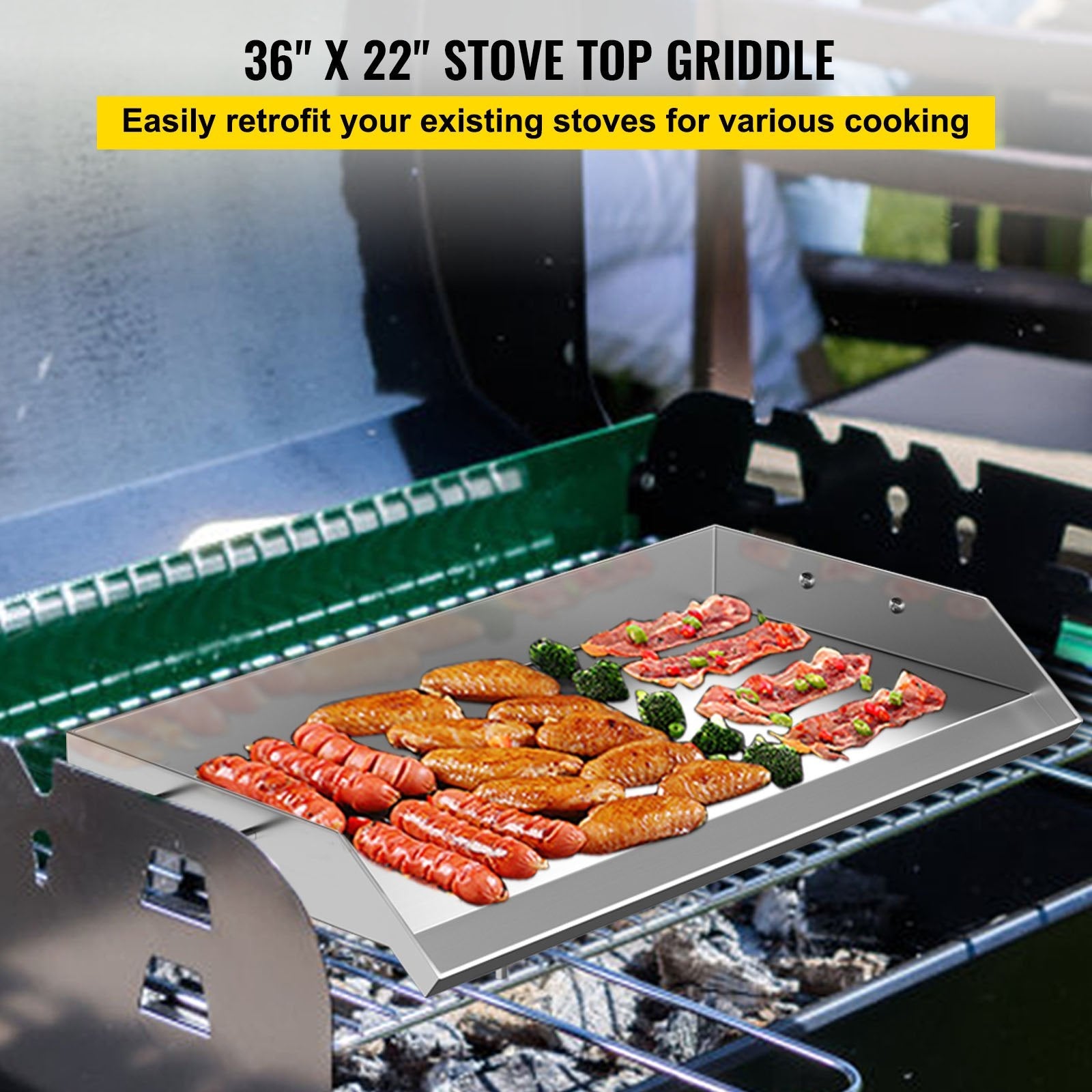VEVOR Stainless Steel Griddle,36\" x 22\" Universal Flat Top Rectangular Plate, BBQ Charcoal/Gas Non-Stick Grill with 2 Handles and Grease Groove with Hole?Grills for Camping, Tailgating and Parties