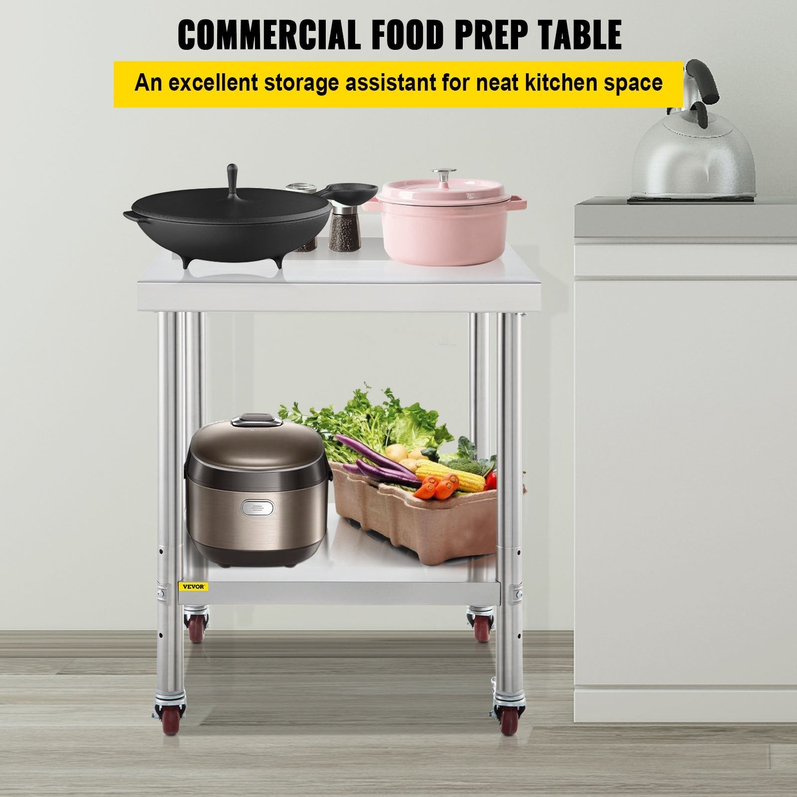VEVOR Stainless Steel Prep Table, 24 x 24 x 35 Inch, 440lbs Load Capacity Heavy Duty Metal Worktable with Backsplash Adjustable Undershelf & 4 Casters, Commercial Workstation for Kitchen Restaurant