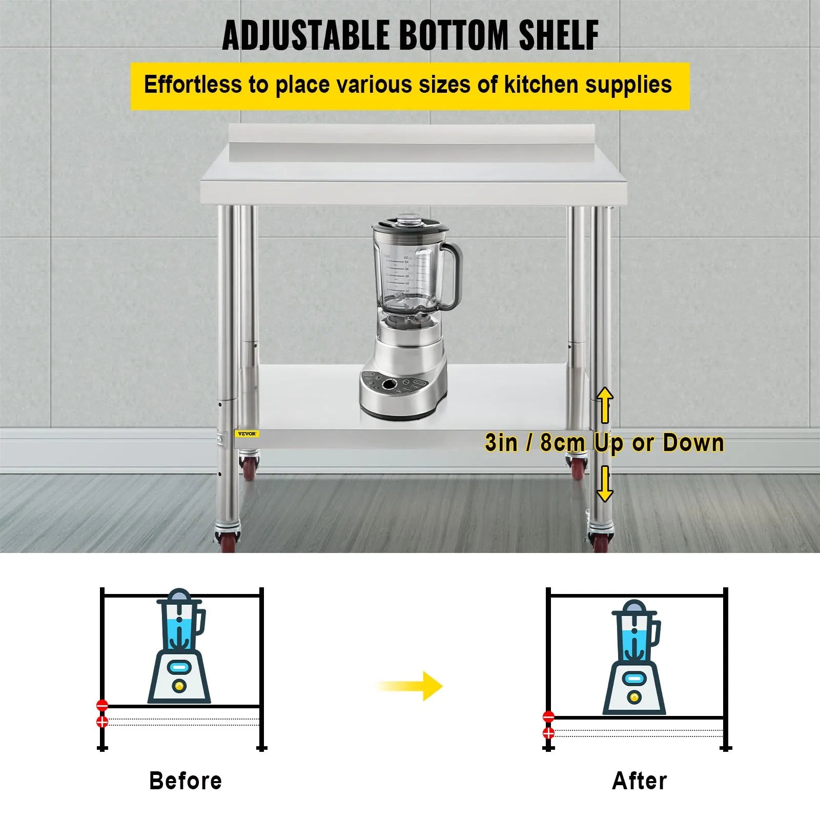 VEVOR Stainless Steel Prep Table, 30 x 24 x 35 Inch, 440lbs Load Capacity Heavy Duty Metal Worktable with Backsplash Adjustable Undershelf & 4 Casters, Commercial Workstation for Kitchen Restaurant