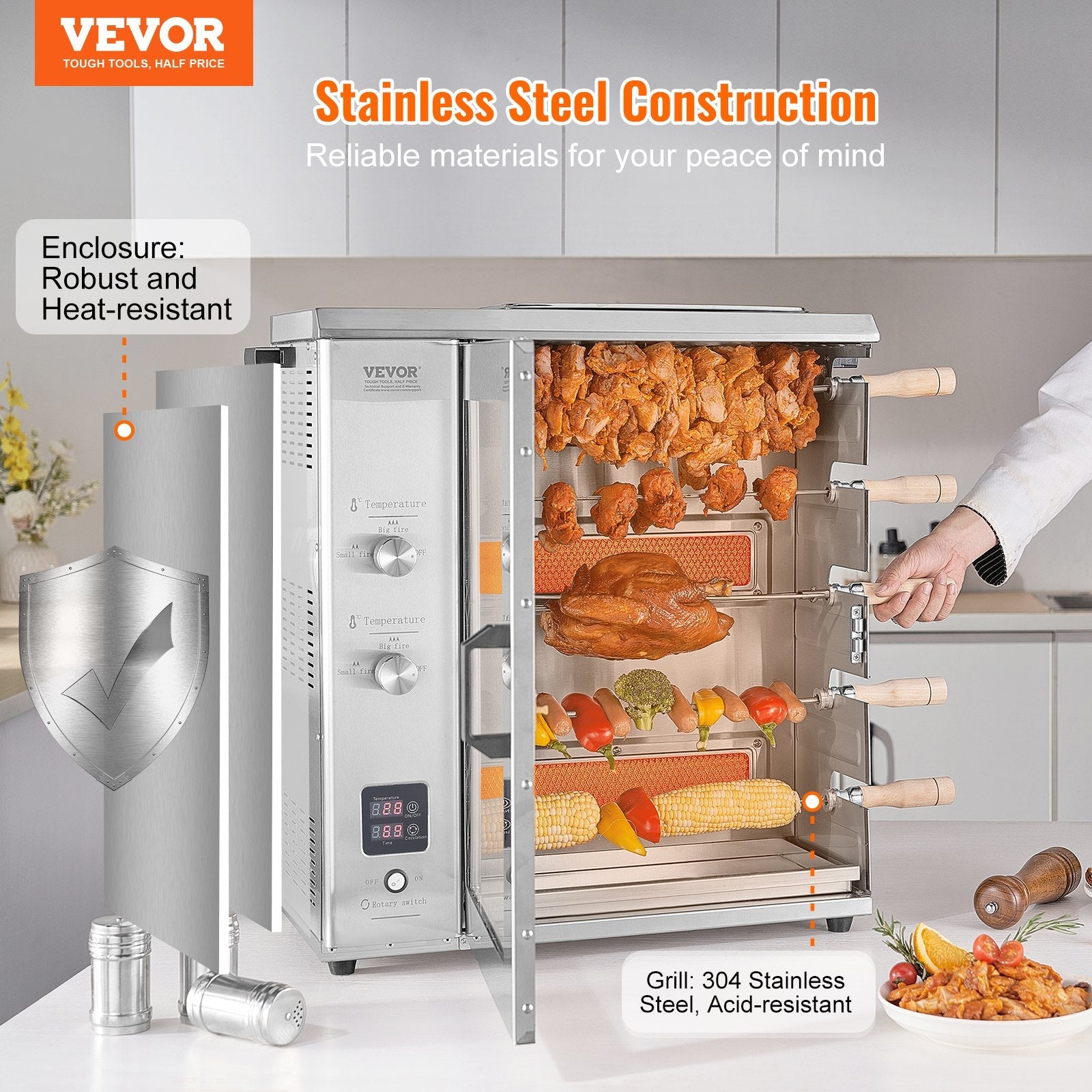 VEVOR Shawarma Grill Machine, 5 Strings of Barbecue Capacity, Chicken Shawarma Cooker Machine with 2 Burners, Gas Vertical Broiler Gyro Rotisserie Oven Doner Kebab Machine, for Home Restaurant Kitchen