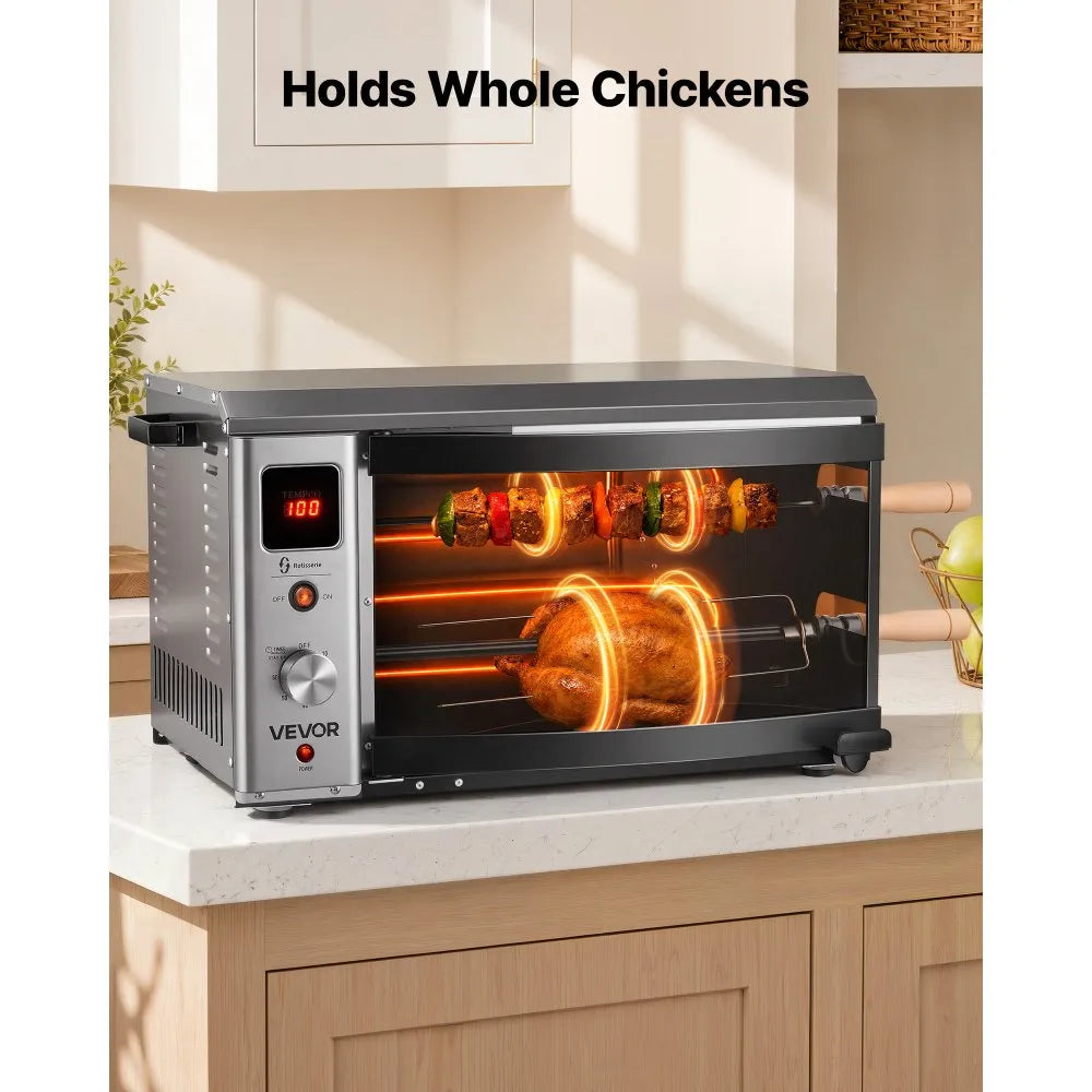 Countertop Vertical Oven Brazilian Flame 2 Auto Rotating Skewers, 1800W Electric Rotisserie Shawarma Machine