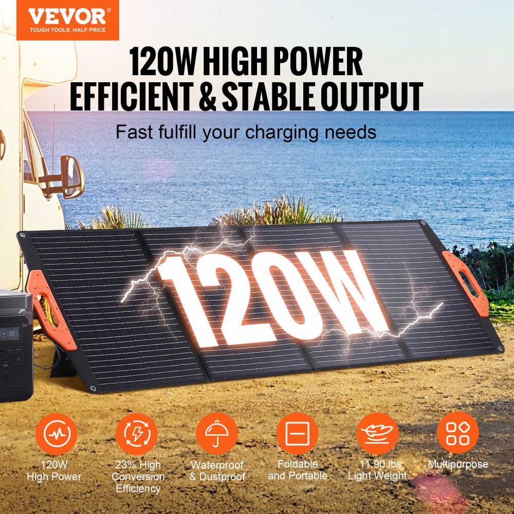 VEVOR Portable Monocrystalline Solar Panel, 120W Foldable Monocrystalline ETFE Solar Charger, 23% Efficiency Solar Panel with Type C, DC 18V, QC3.0 USB Port, IP67 Waterproof for Home, Off Grid, Hiking