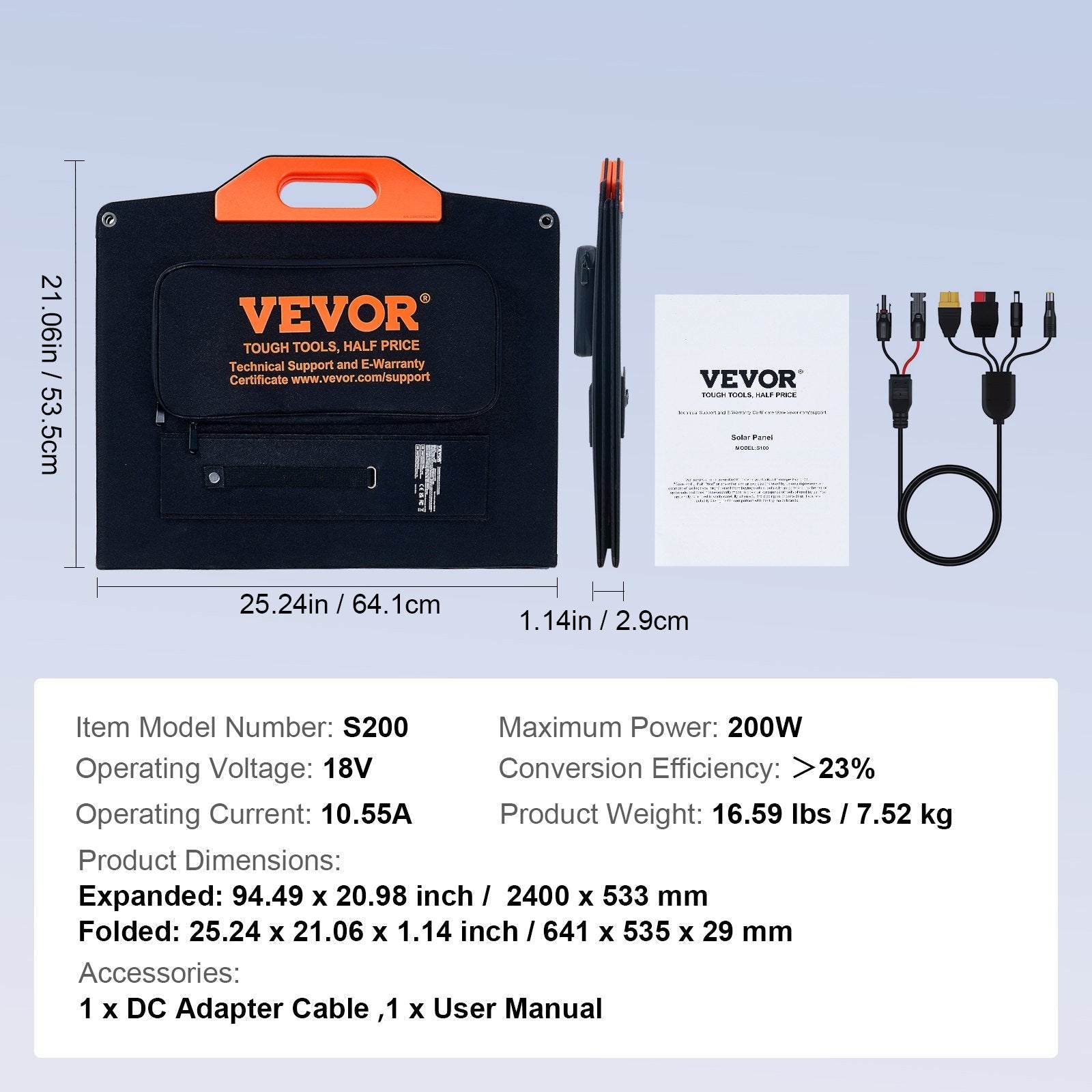 VEVOR Portable Monocrystalline Solar Panel, 200W Foldable Monocrystalline ETFE Solar Charger, 23% Efficiency Solar Panel with MC4 Output, IP67 Waterproof for Power Stations, Camping, Hiking, Off-Grid