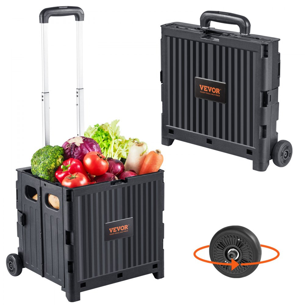 VEVOR Foldable Utility Cart, 80 lbs Load Capacity, Folding Portable Rolling Crate Handcart with Durable Heavy Duty Telescoping Handle and 2 Wheels for Travel Shopping Moving Luggage Office Use, Black