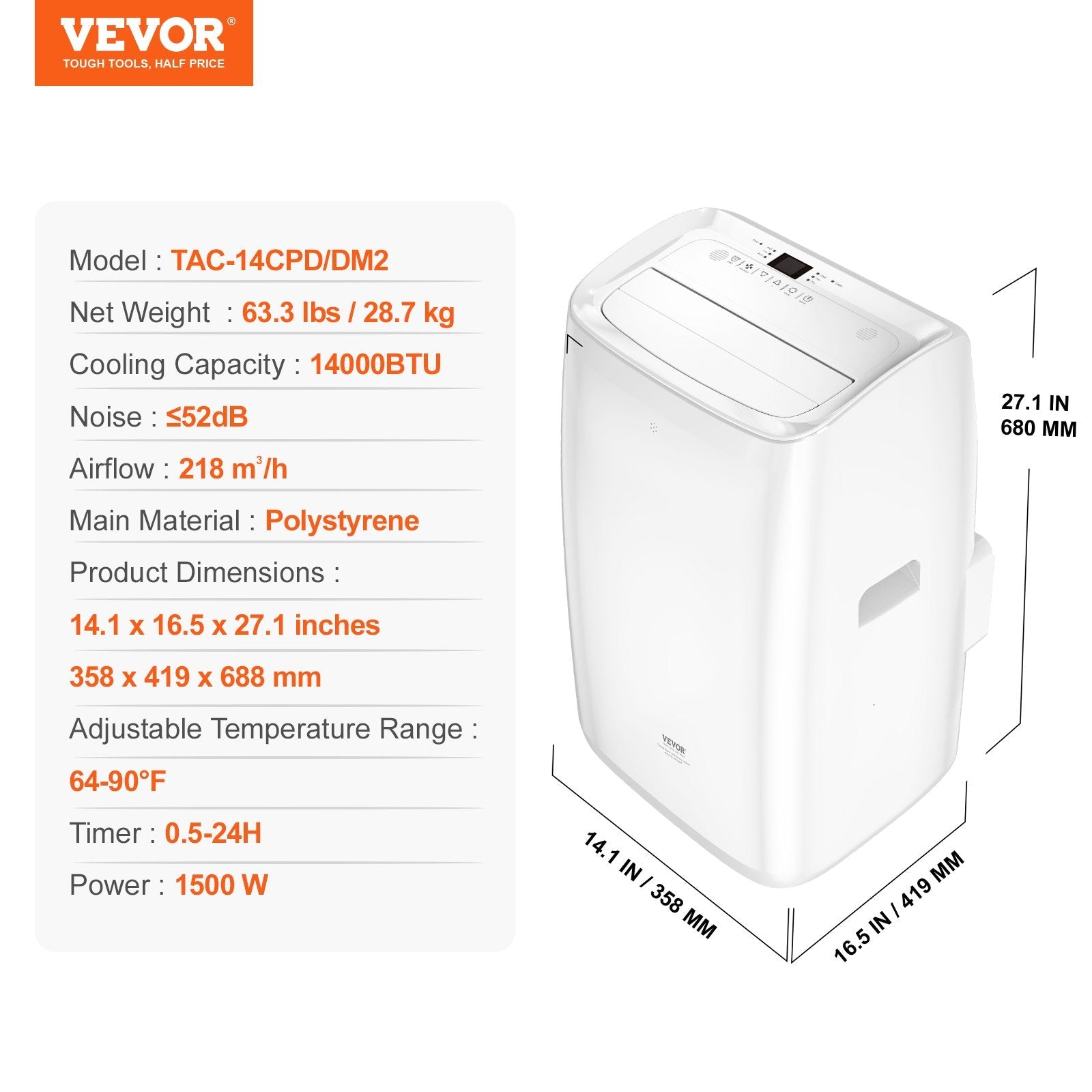 VEVOR Portable Air Conditioner 14k BTU 3 in 1 AC Cool Dehumidifier Fan