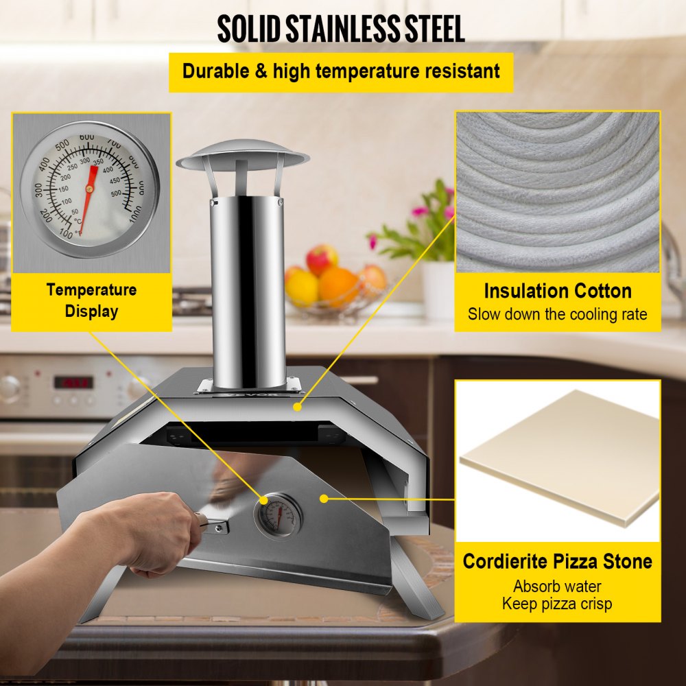 VEVOR Portable Pizza Oven, 12\" Pellet Pizza Oven, Stainless Steel Pizza Oven Outdoor, Wood Burning Pizza Oven w/Foldable Feet Portable Wood Oven w/Complete Accessories & Pizza Bag for Outdoor Cooking