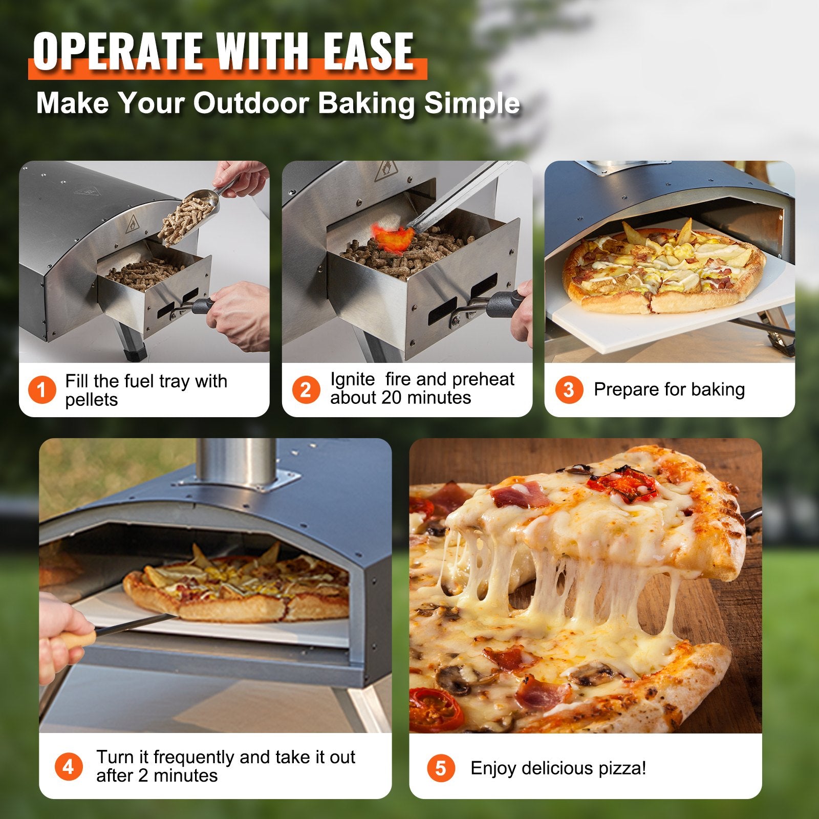 VEVOR Outdoor Pizza Oven, Wood Pellet and Charcoal Fired Pizza Maker 12-inch, Portable Outside Stainless Steel Pizza Grill with Pizza Stone, Waterproof Cover, Shovel, Wood Burner for Backyard Camping