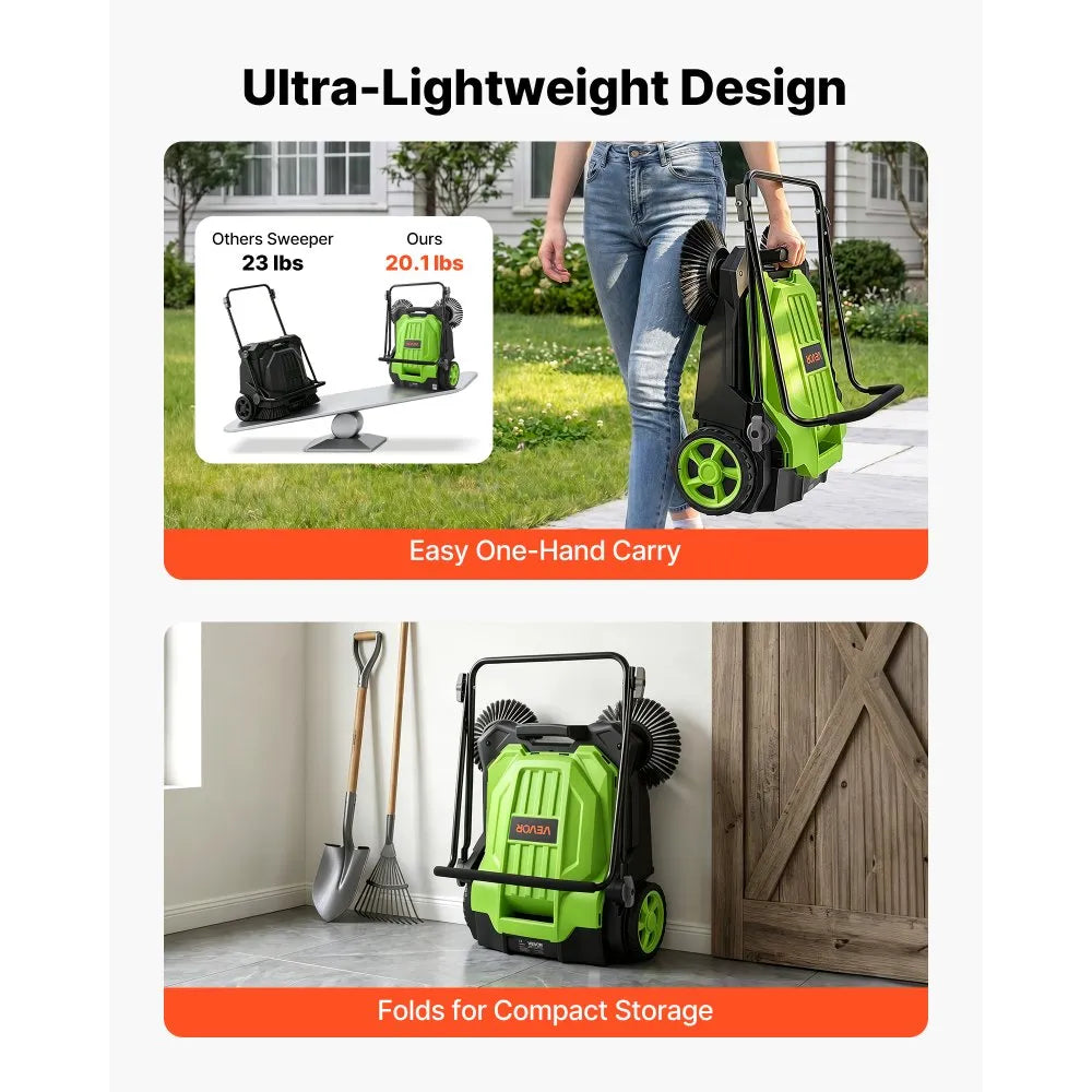 Walk-Behind Hand Push Floor Sweeper, Non-Electric Manual Floor Sweeper with 25.6" Sweeping Width, 5-Gallon Hopper & Adjustable Folding Handle for Yards, Patios, Garages & Driveways