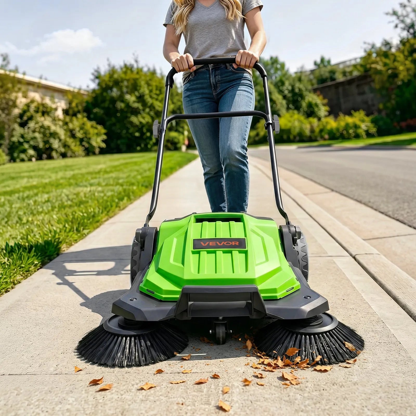 Walk-Behind Hand Push Floor Sweeper, Non-Electric Manual Floor Sweeper with 25.6" Sweeping Width, 5-Gallon Hopper & Adjustable Folding Handle for Yards, Patios, Garages & Driveways