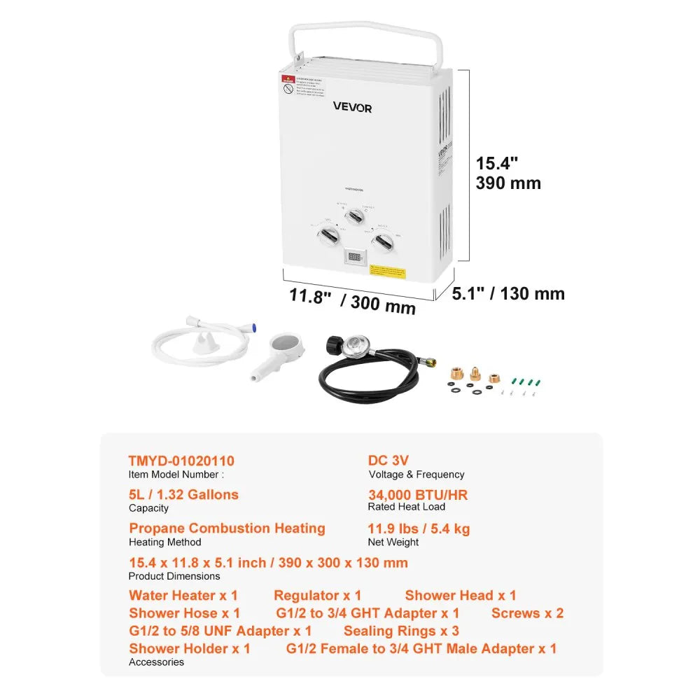 VEVOR Portable Propane Water Heater 5L Tankless with Accessory Regulator