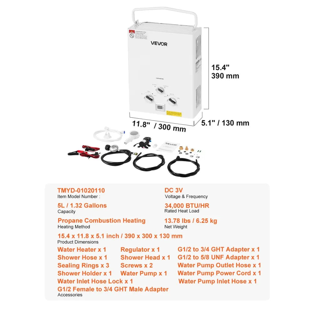 VEVOR Portable Propane Water Heater 5L Tankless with Water Pump for RV Camping