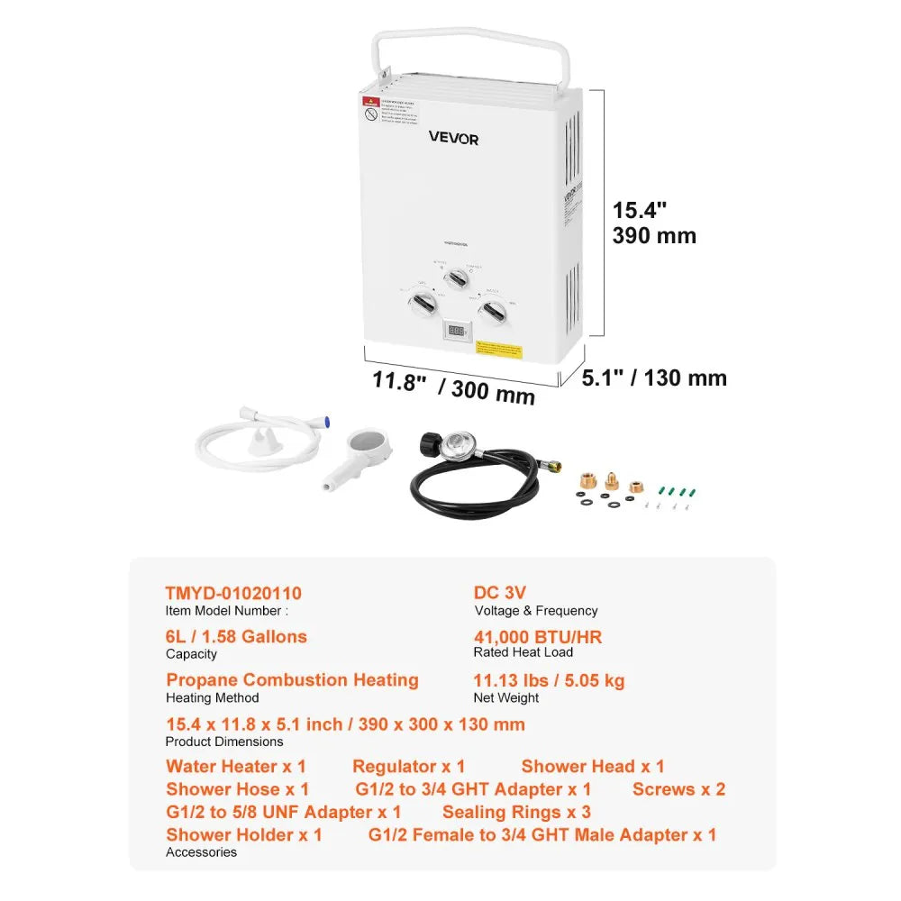 VEVOR Portable Propane Water Heater 6L Tankless with Accessory Regulator