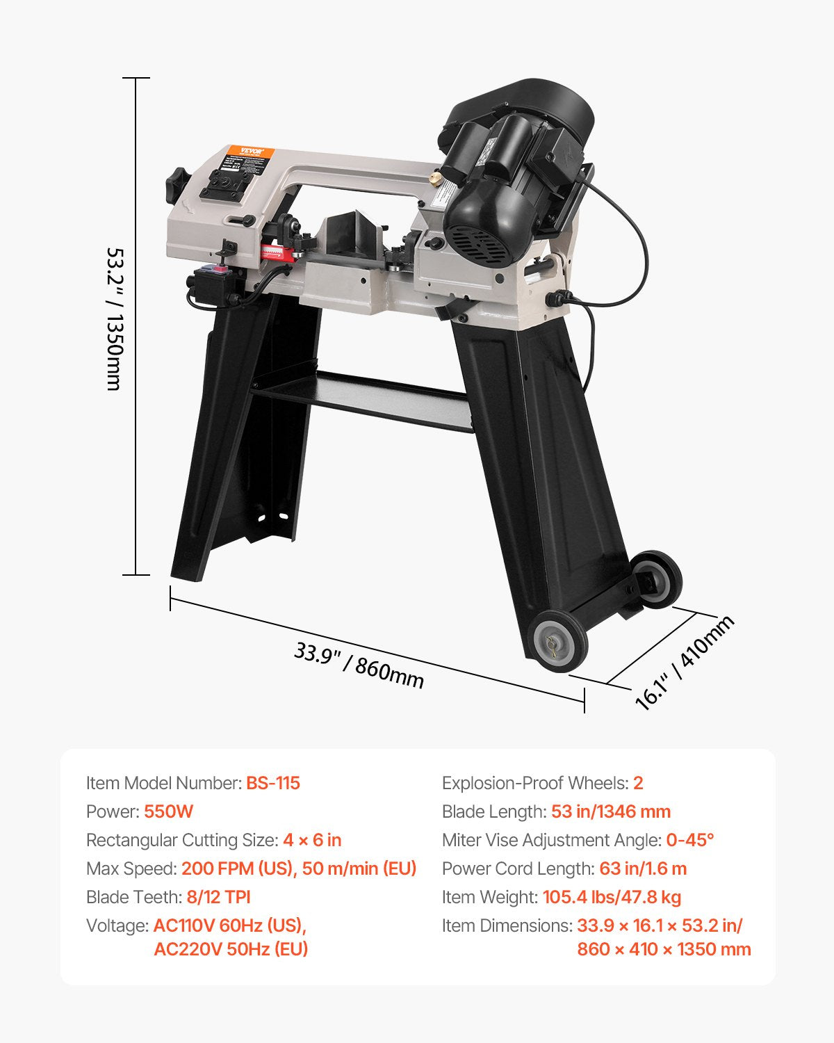 VEVOR Metal Horizontal Band Saw 4 in x 6 in 550W Variable Speed Bandsaw 110V