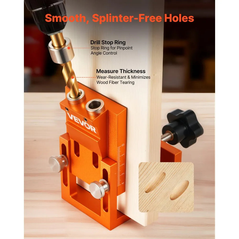 VEVOR Pocket Hole Jig Kit, 0.47 to 1.89 in Adjustable, Jig Pocket Hole System with Step Drill, Hex Wrench, Drill Stop Ring, Square Drive Bit, Plugs and Screws, Reinforced Metal Frame, for Woodworking