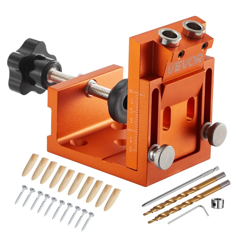 VEVOR Pocket Hole Jig Kit, 0.47 to 1.89 in Adjustable, Jig Pocket Hole System with Step Drill, Hex Wrench, Drill Stop Ring, Square Drive Bit, Plugs and Screws, Reinforced Metal Frame, for Woodworking