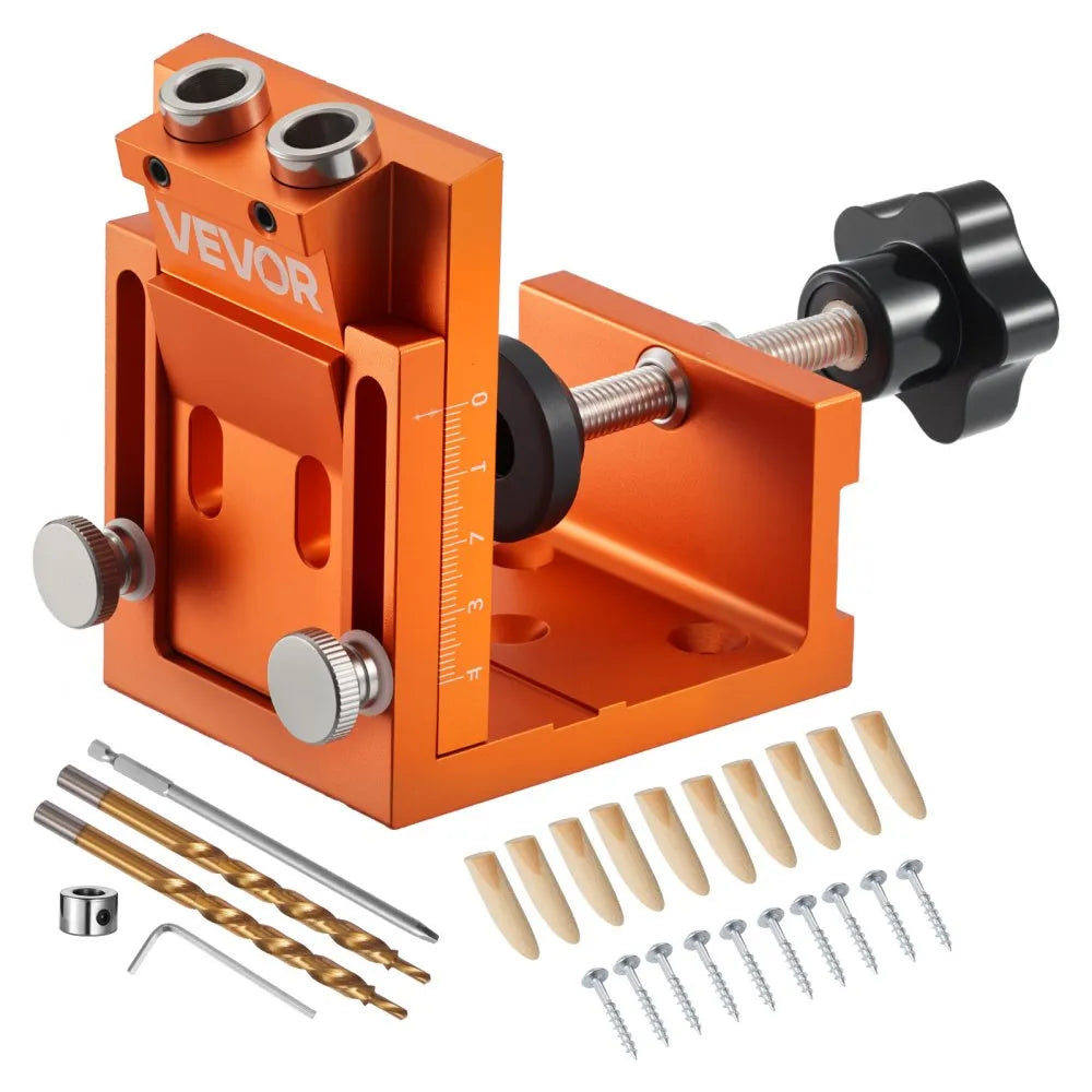 VEVOR Pocket Hole Jig Kit, 0.47 to 1.89 in Adjustable, Jig Pocket Hole System with Step Drill, Hex Wrench, Drill Stop Ring, Square Drive Bit, Plugs and Screws, Reinforced Metal Frame, for Woodworking