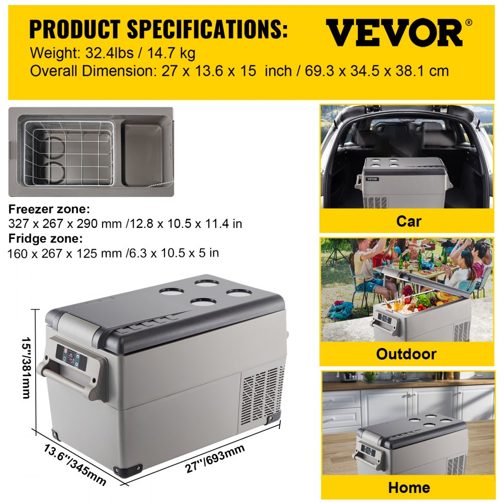 VEVOR Portable Refrigerator 37 Quart(35 Liter),12 Volt Refrigerator App Control(-4?~68?), Car Refrigerator Dual Zone with 12/24v DC & 110-240v AC for Camping, Travel, Fishing, Outdoor or Home Use