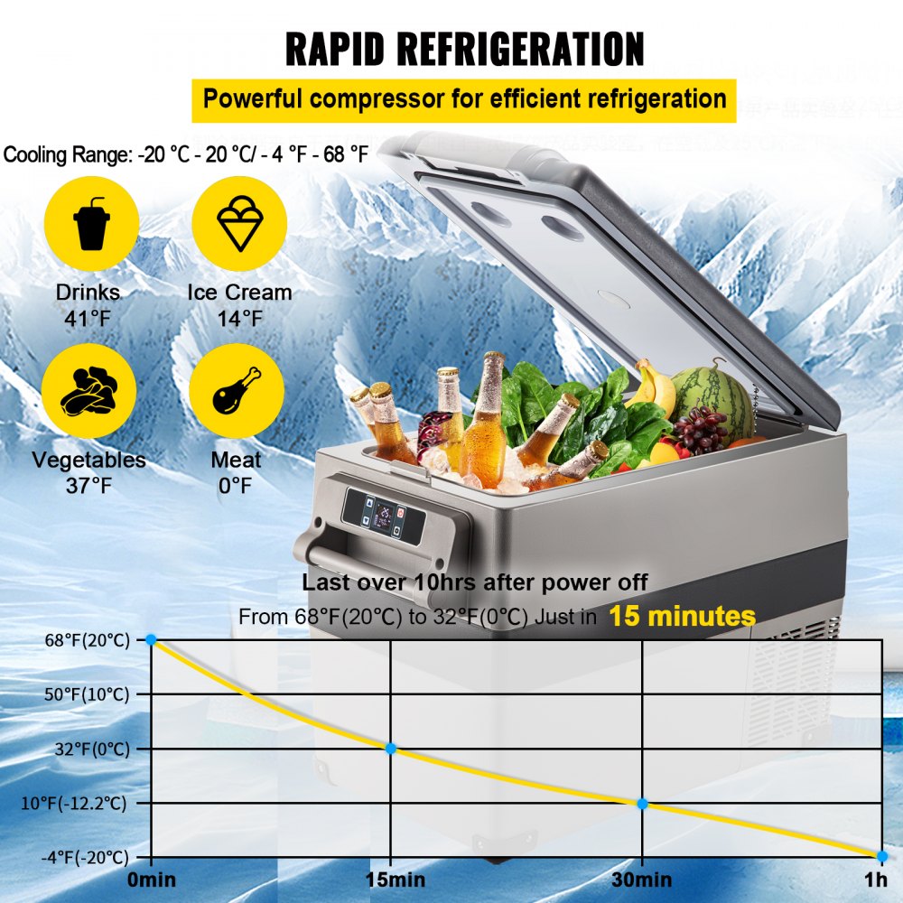VEVOR 12 Volt Refrigerator 45L(48qt) Fast Cooling Portable Freezer with App Control(-4?~68?) Car Fridge with 12/24v DC & 110-240v AC for Travel, Camping and Home Use, 48 Quart, Black