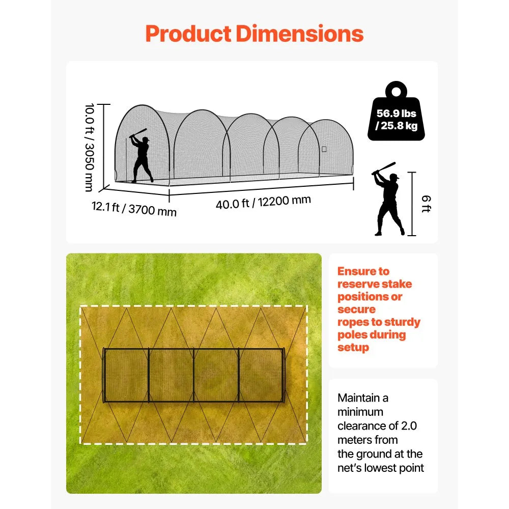 Baseball Batting Cage – 40 x 12 x 10 FT Freestanding Portable Hitting Cage with 4-Ply Knotless Polyester Net & Pitching Machine Opening